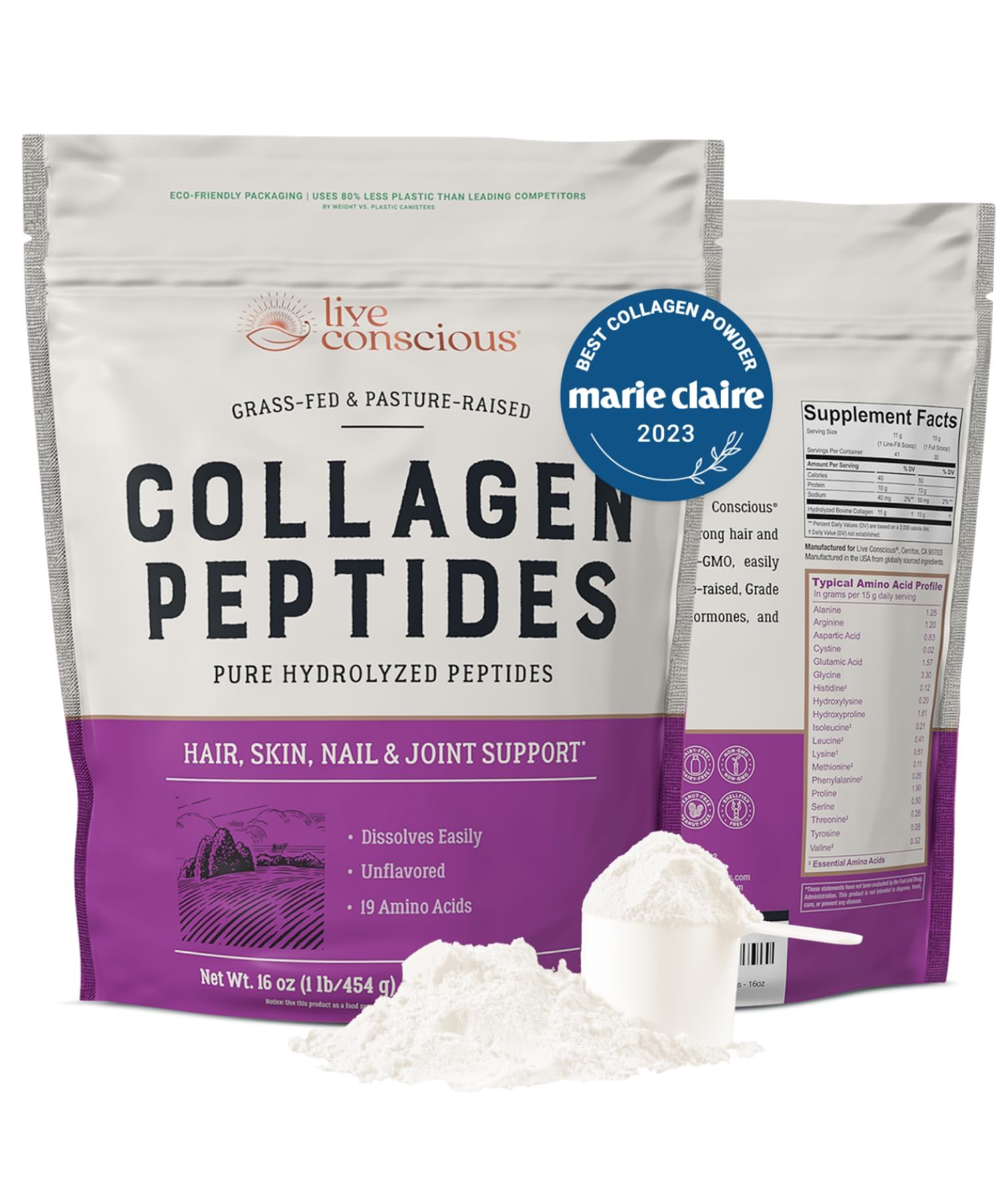 Live Conscious Collagen Peptides source bovine nourri: ingrédients premium et traçabilité.