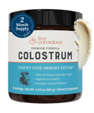 Live Conscious Colostrum Poudre-packshot: emballage clair et potentiel soutien digestif.