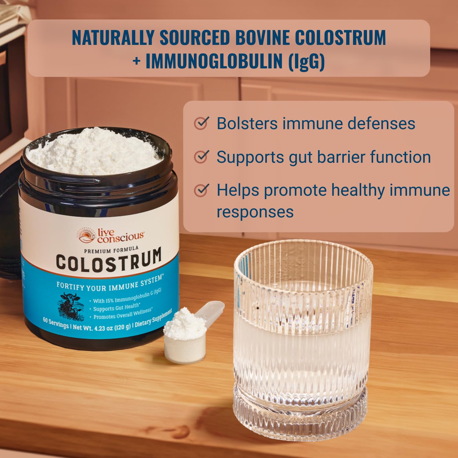 Live Conscious Colostrum Poudre-pot-ouvert: préparation pratique pour routine quotidienne.