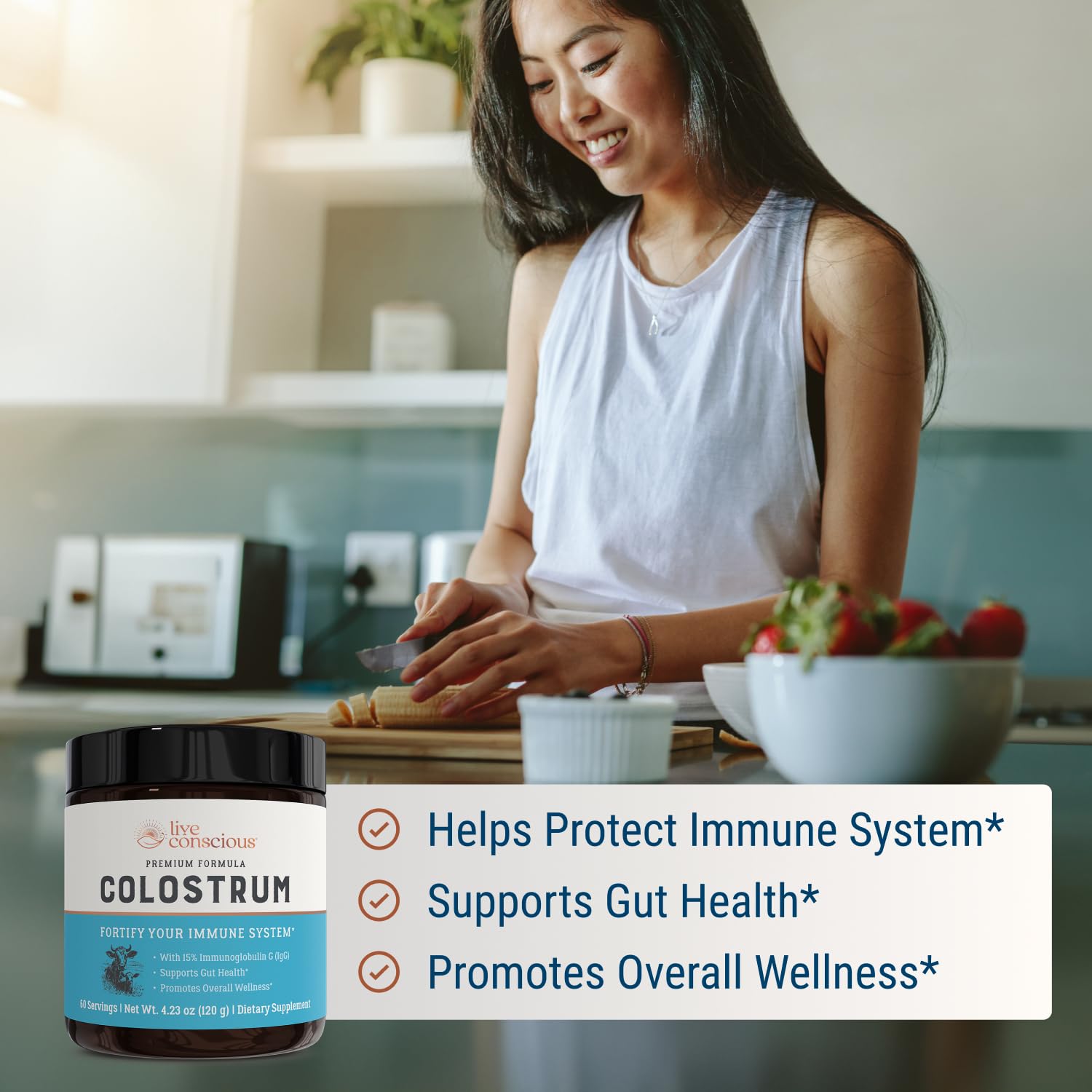 Live Conscious Colostrum Poudre-ingredients-lait-bovin: ingrédients issus de bovins nourris en pâturage.