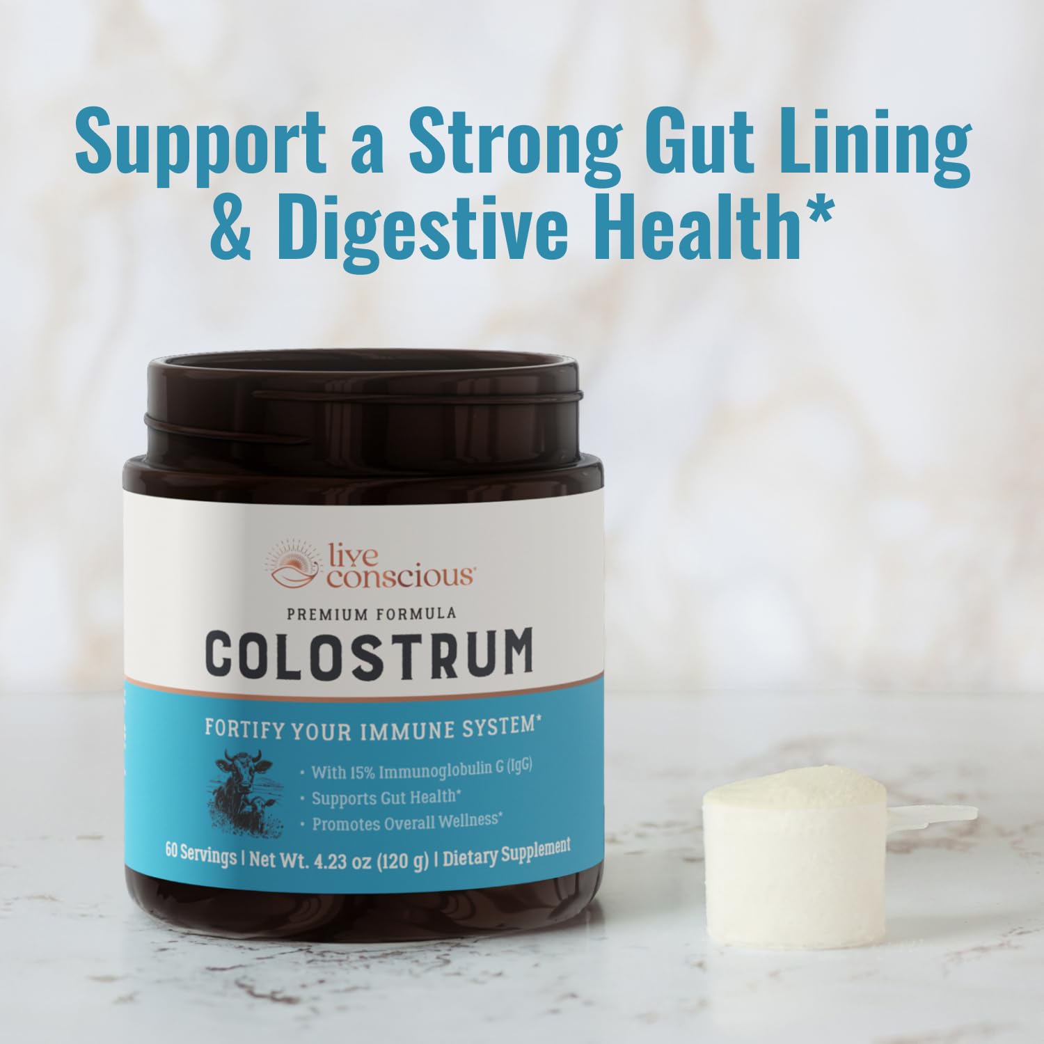 Live Conscious Colostrum Poudre-texture-fin: texture fine qui se mélange facilement.
