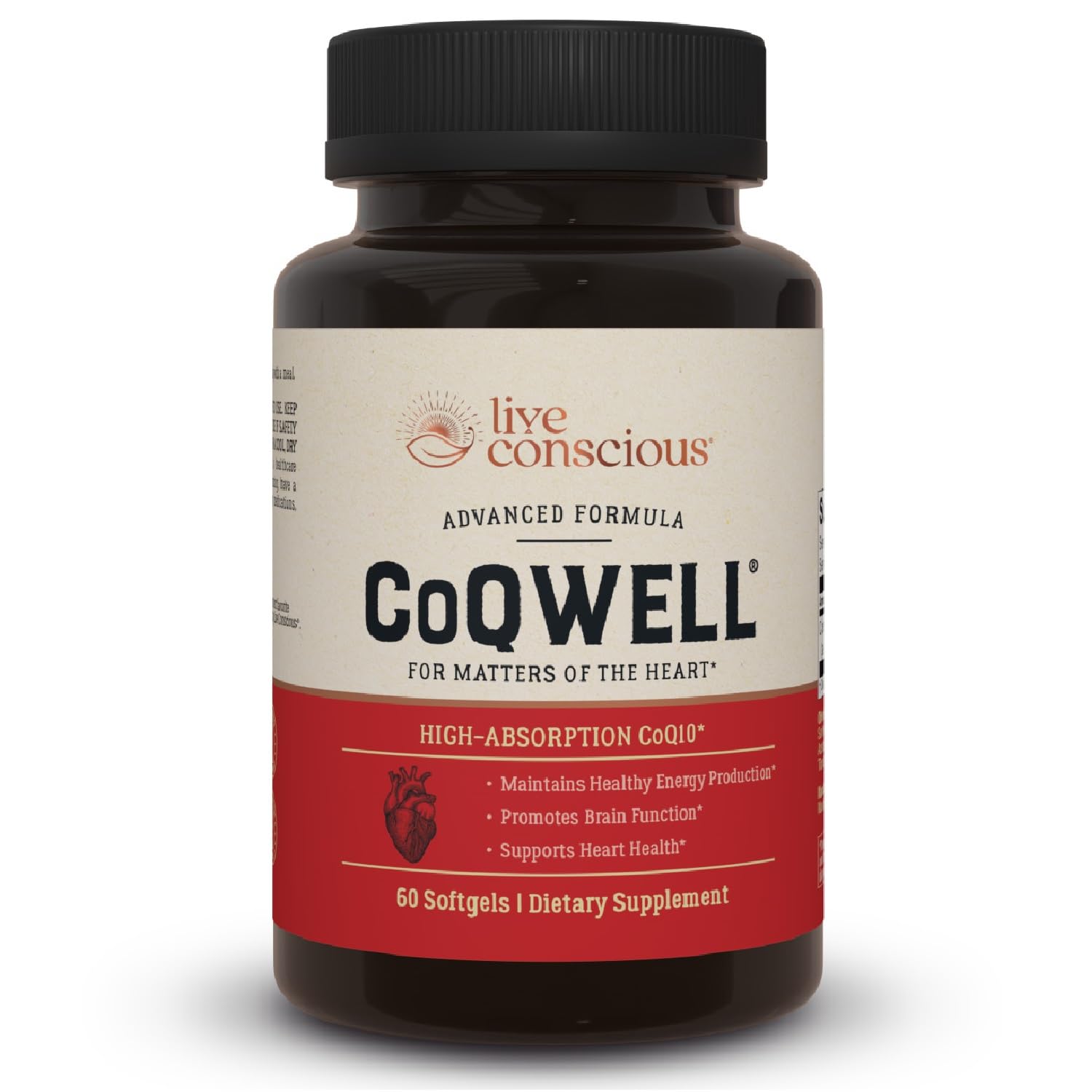 Live Conscious CoQWell: bouteille et étiquette, soutien potentiel à l'énergie cellulaire.