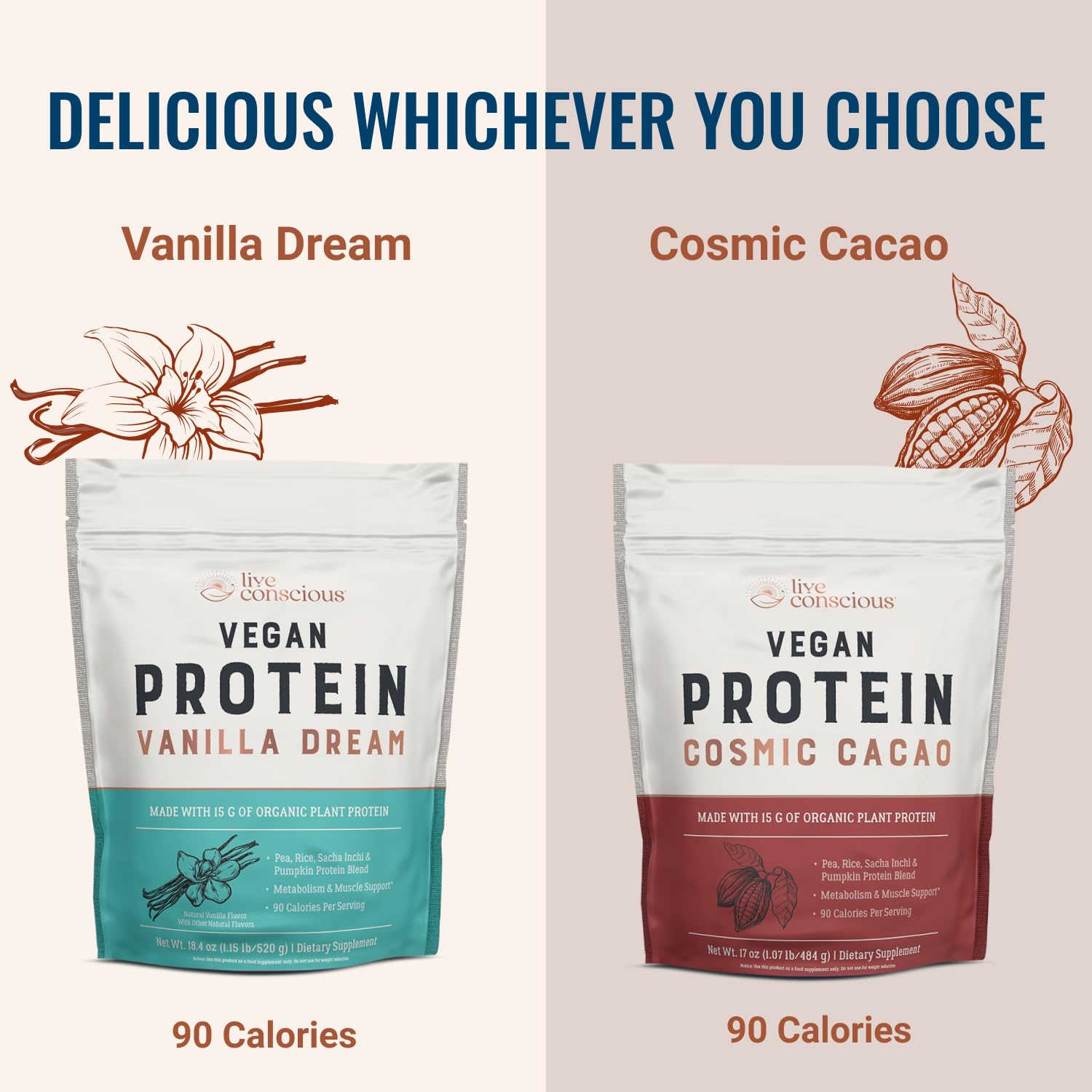 Live Conscious Cosmic Cacao — mélange végétal équilibré pour soutenir l'apport en acides aminés.