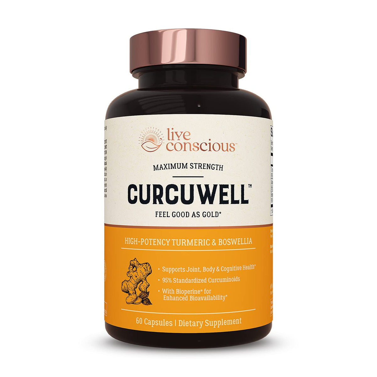 Live Conscious CurcuWell: bouteille et étiquette visibles pour la formule complète.