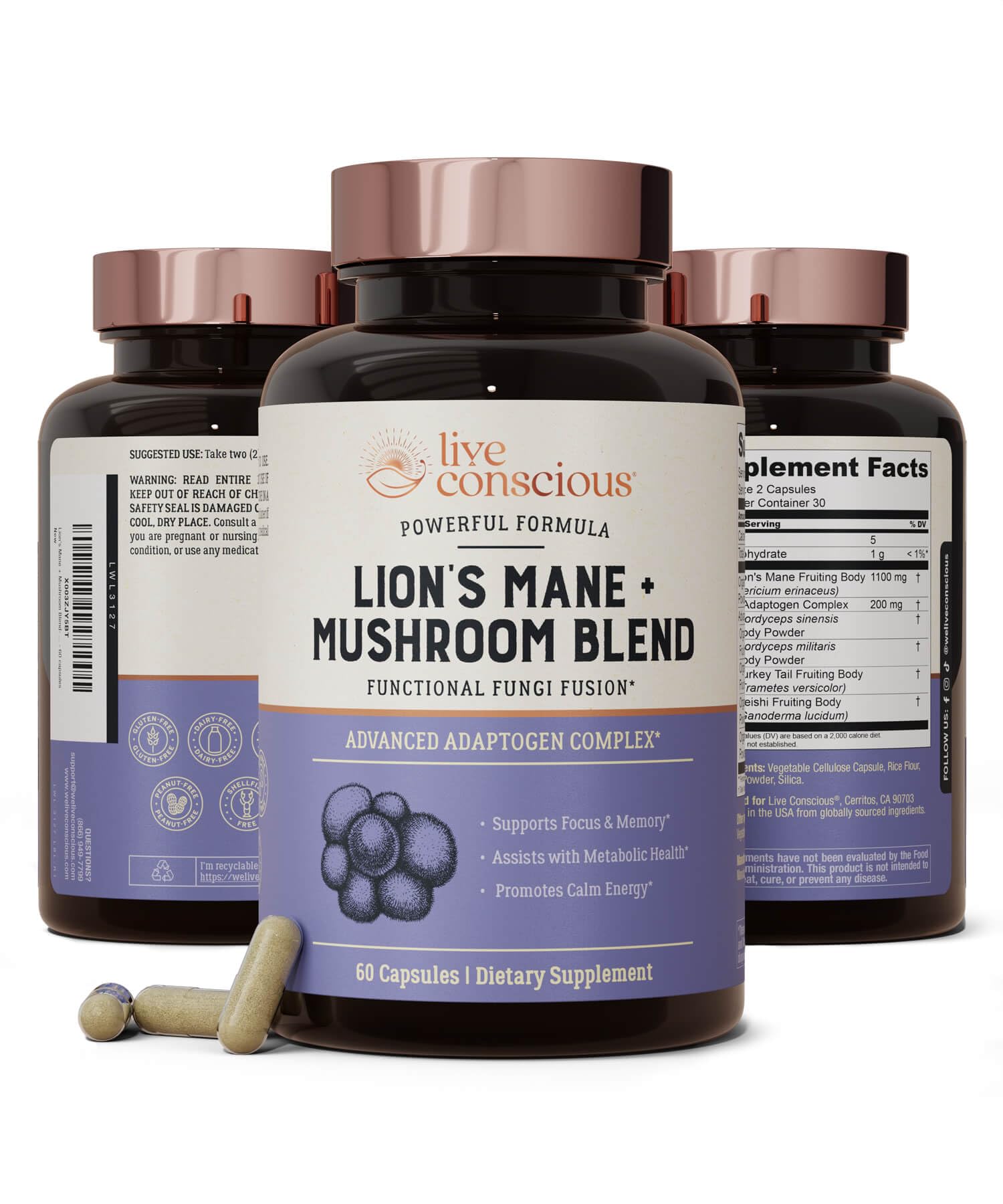 Live Conscious Lions Mane, capsules visibles sur bouteille, soutien potentiel concentration.
