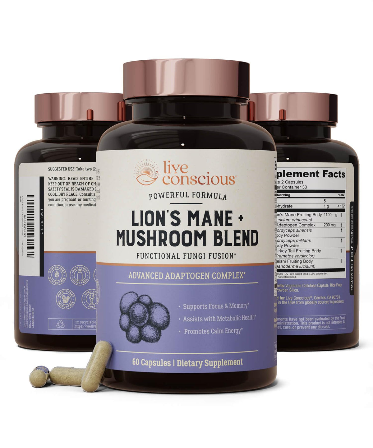 Live Conscious Lions Mane, capsules visibles sur bouteille, soutien potentiel concentration.