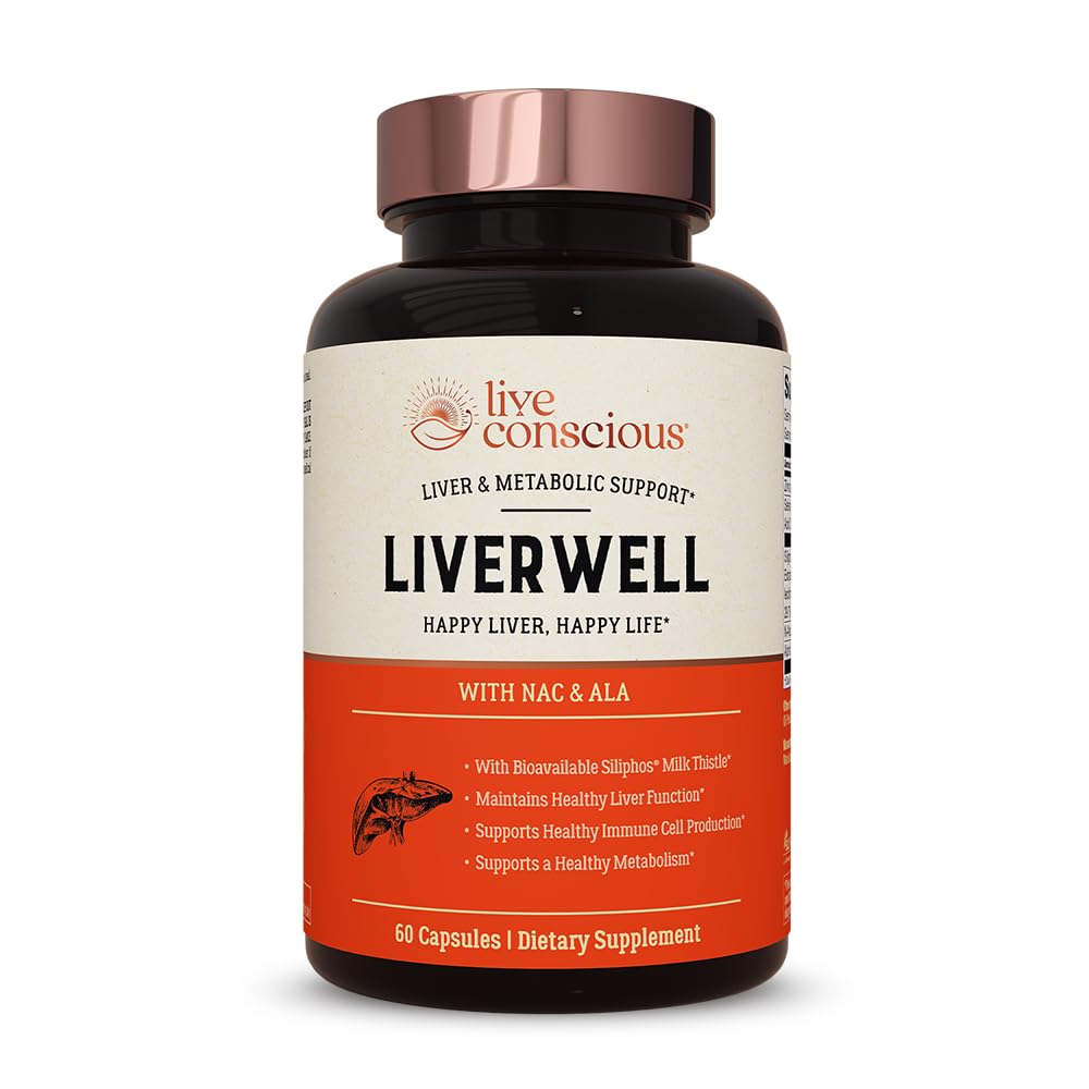 Live Conscious LiverWell: bouteille montrant le soutien hépatique potentiel et la facilité d’utilisation.