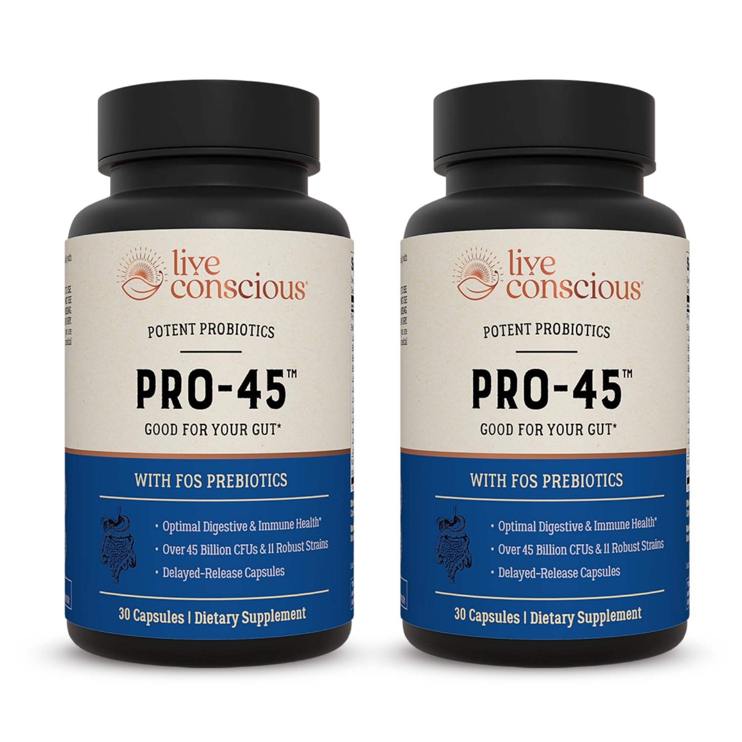 Live Conscious PRO45 : bouteille montrant 45 milliards CFU pour le soutien digestif.