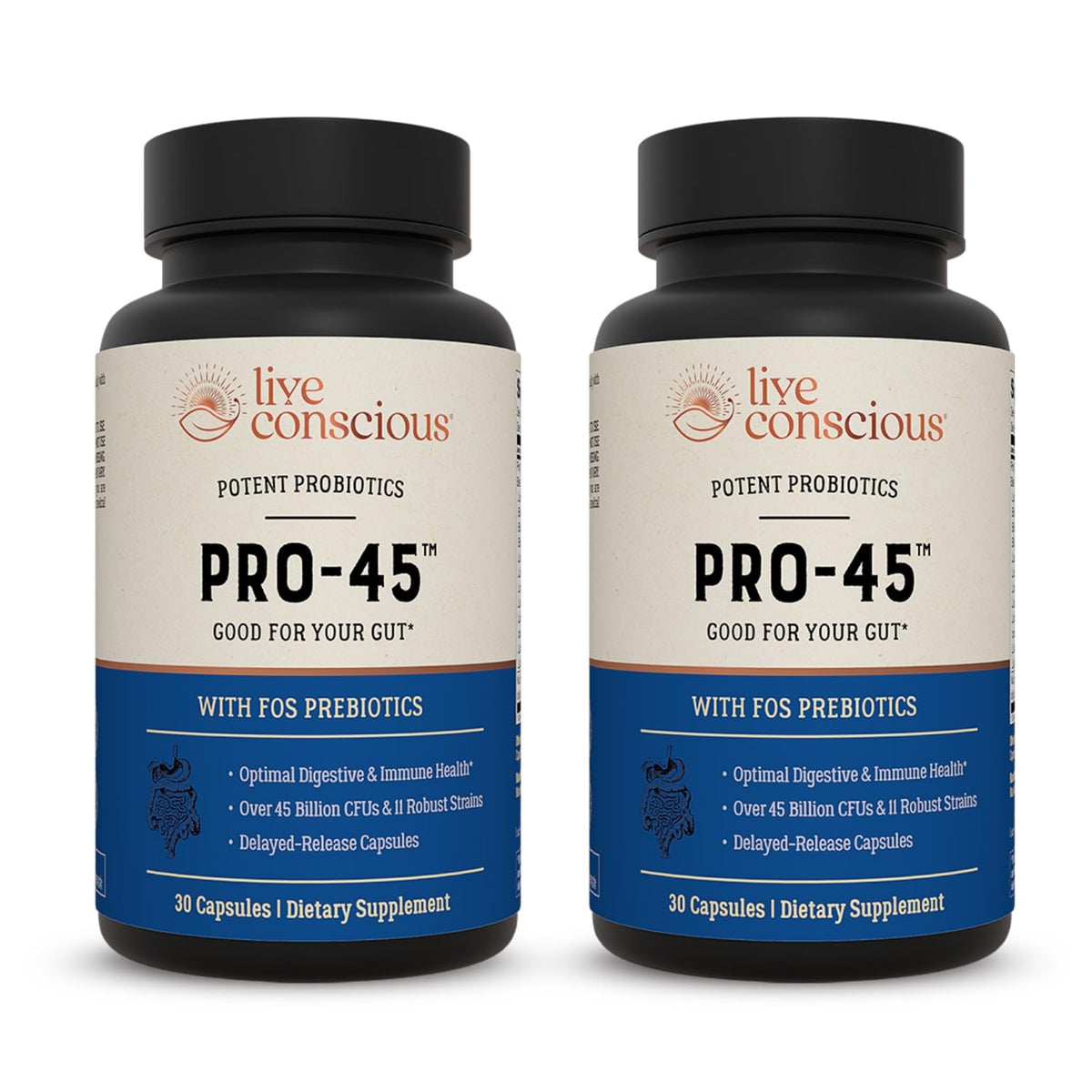Live Conscious PRO45 : bouteille montrant 45 milliards CFU pour le soutien digestif.