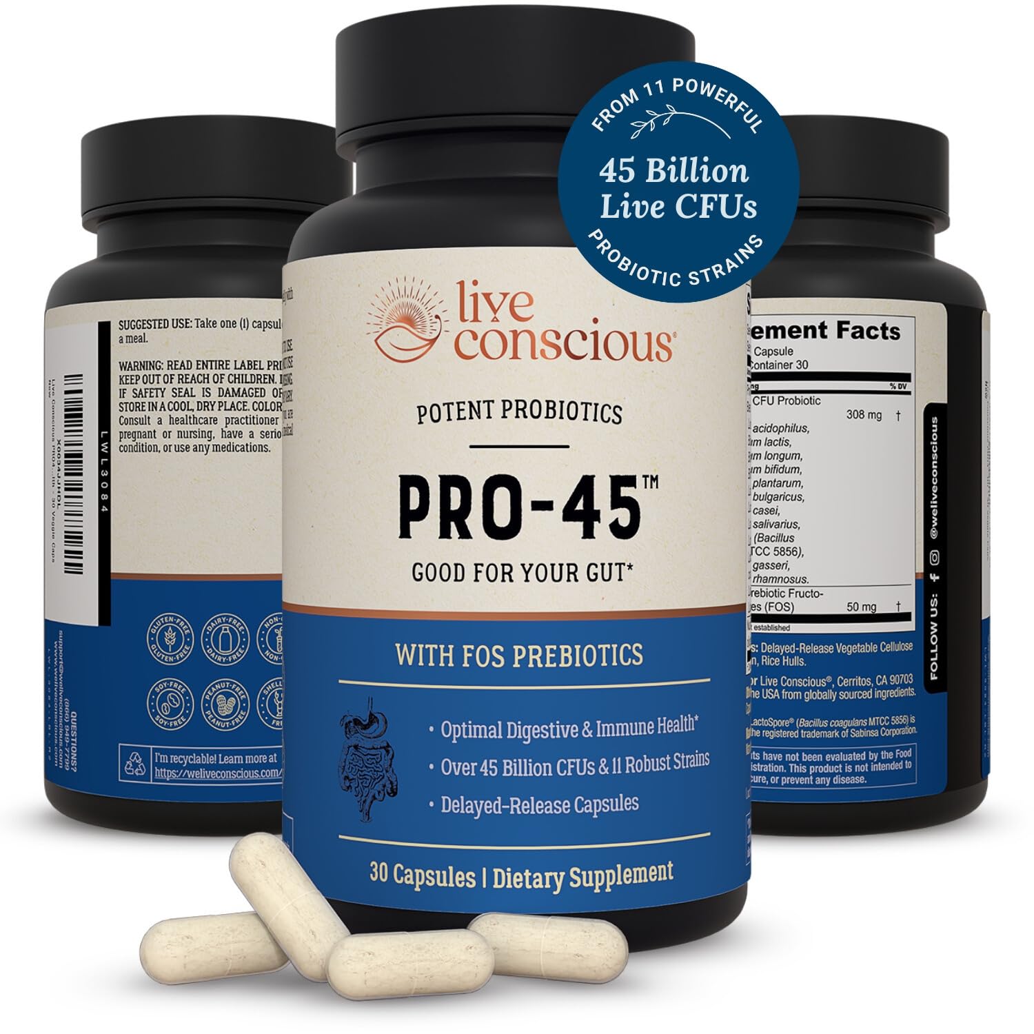 Live Conscious PRO45: bouteille de probiotiques pour le confort digestif quotidien