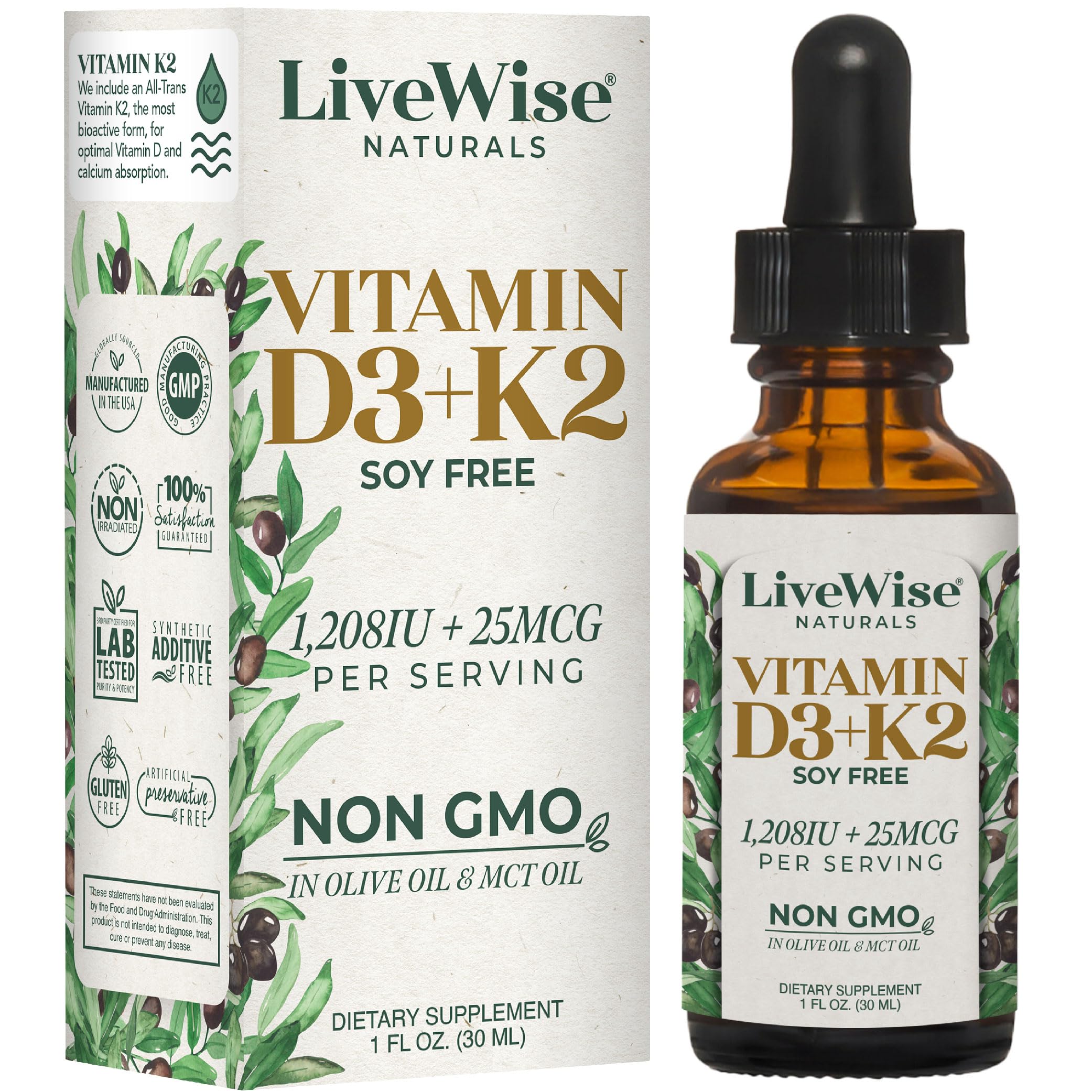 Live Wise Naturals D3+K2 gouttes sur flacon, absorption améliorée grâce à l'huile MCT.