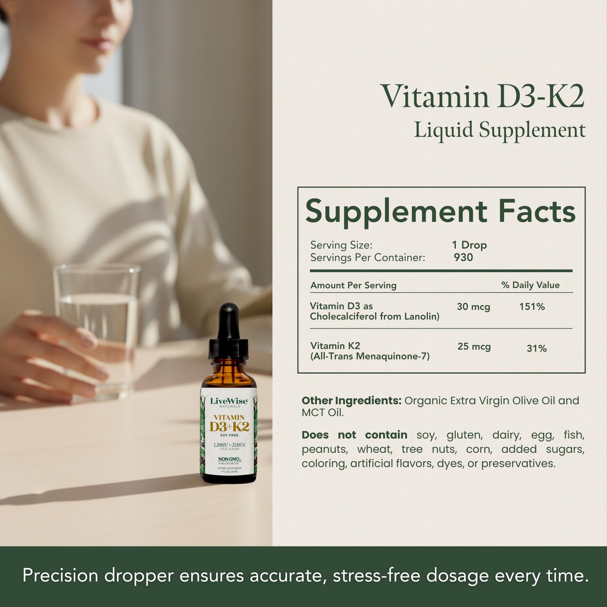 Live Wise Naturals gouttes D3+K2 avec compte-gouttes précis pour dosage facile.