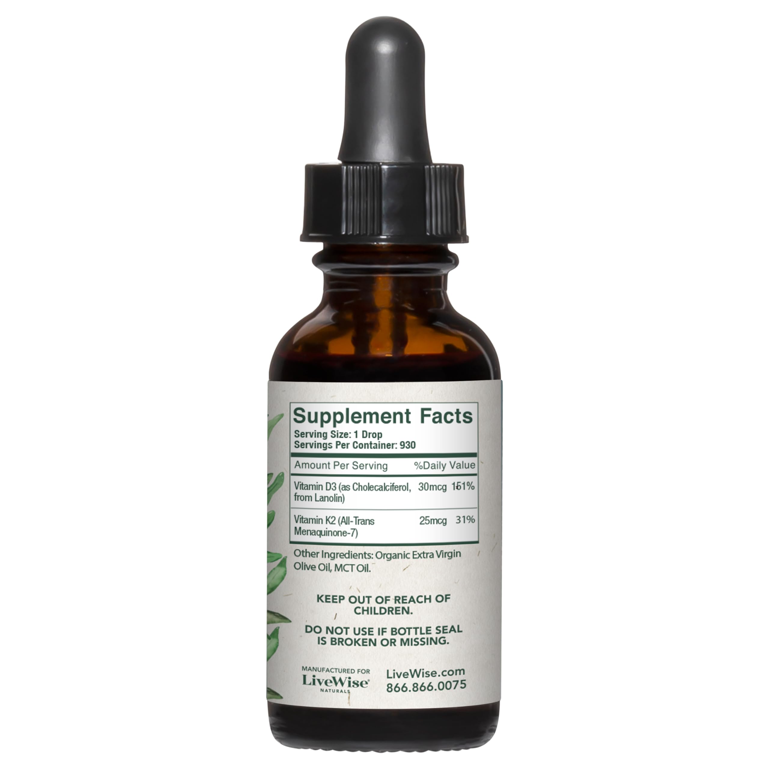 Formulation biologique Live Wise Naturals D3+K2, base MCT pour meilleure biodisponibilité.