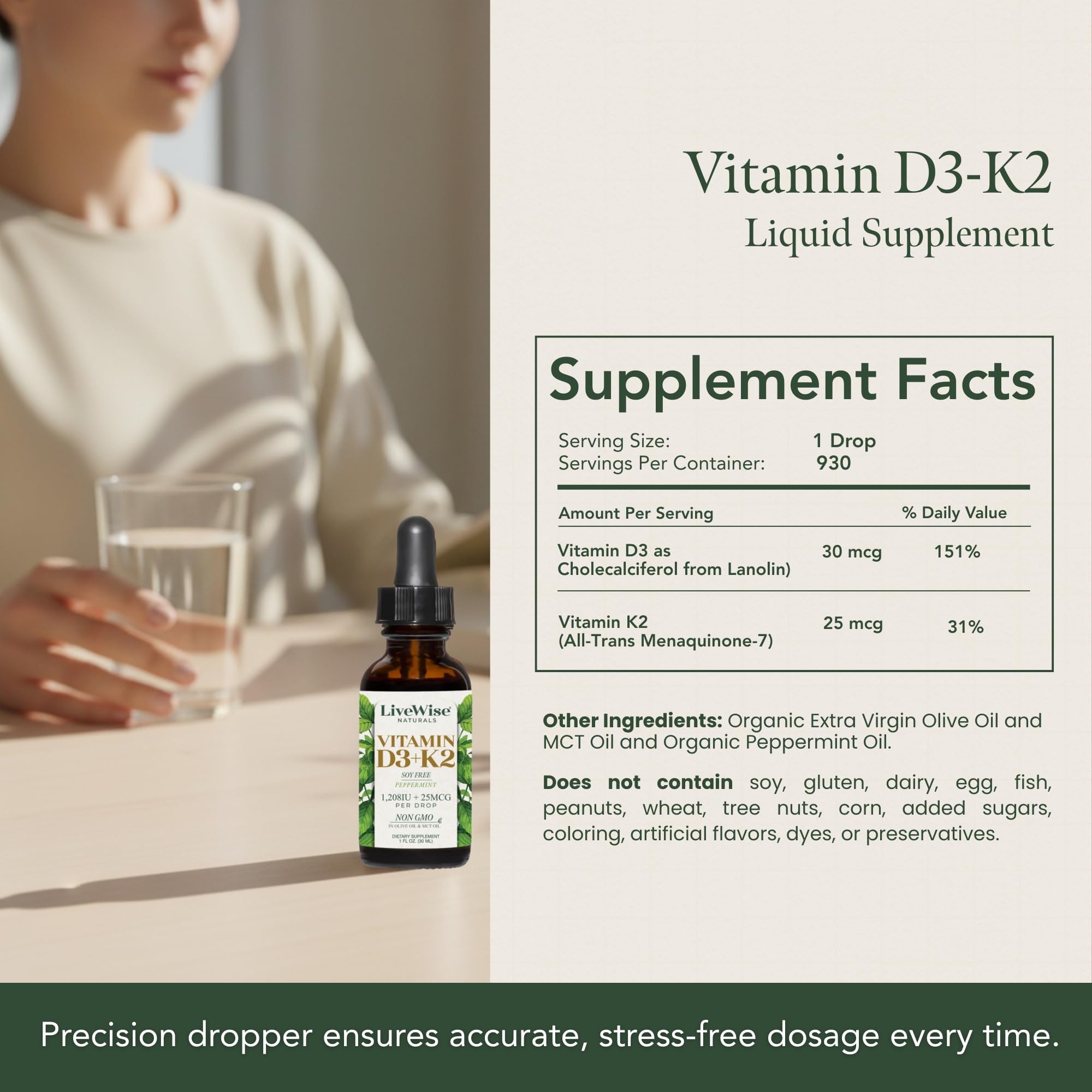 Live Wise Naturals gouttes D3+K2 avec compte-gouttes précis pour dosage facile.