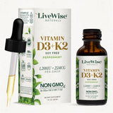 Live Wise Naturals gouttes D3+K2 en flacon menthe, absorption optimale.