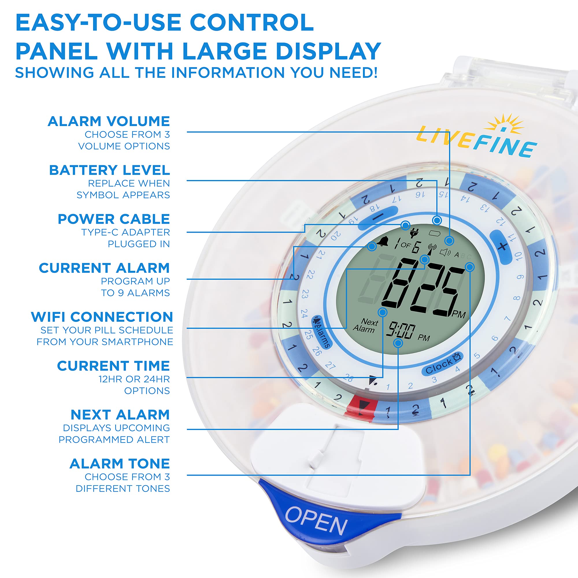 Live Fine 11 anneaux de dosage amovibles facilitant les schémas personnalisés.