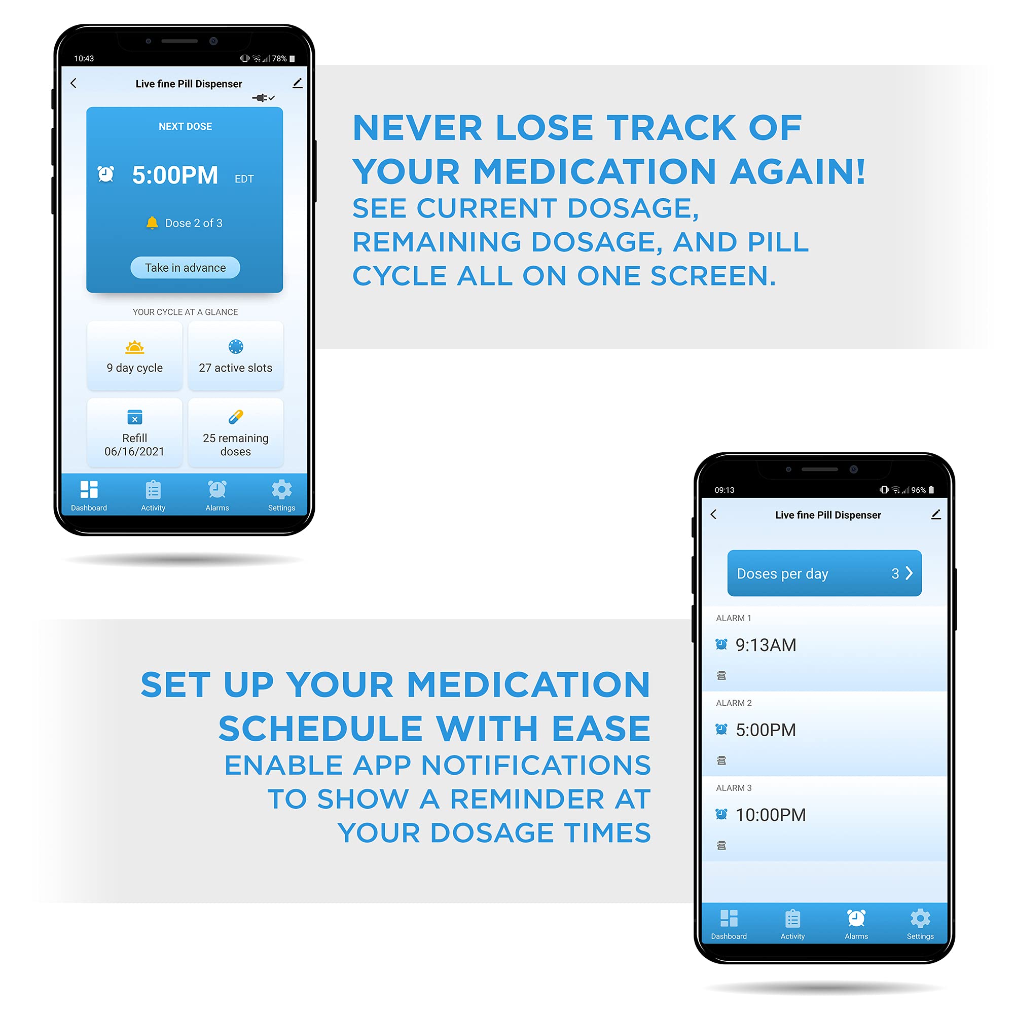 Live Fine application mobile: gestion des rappels et suivi des prises.