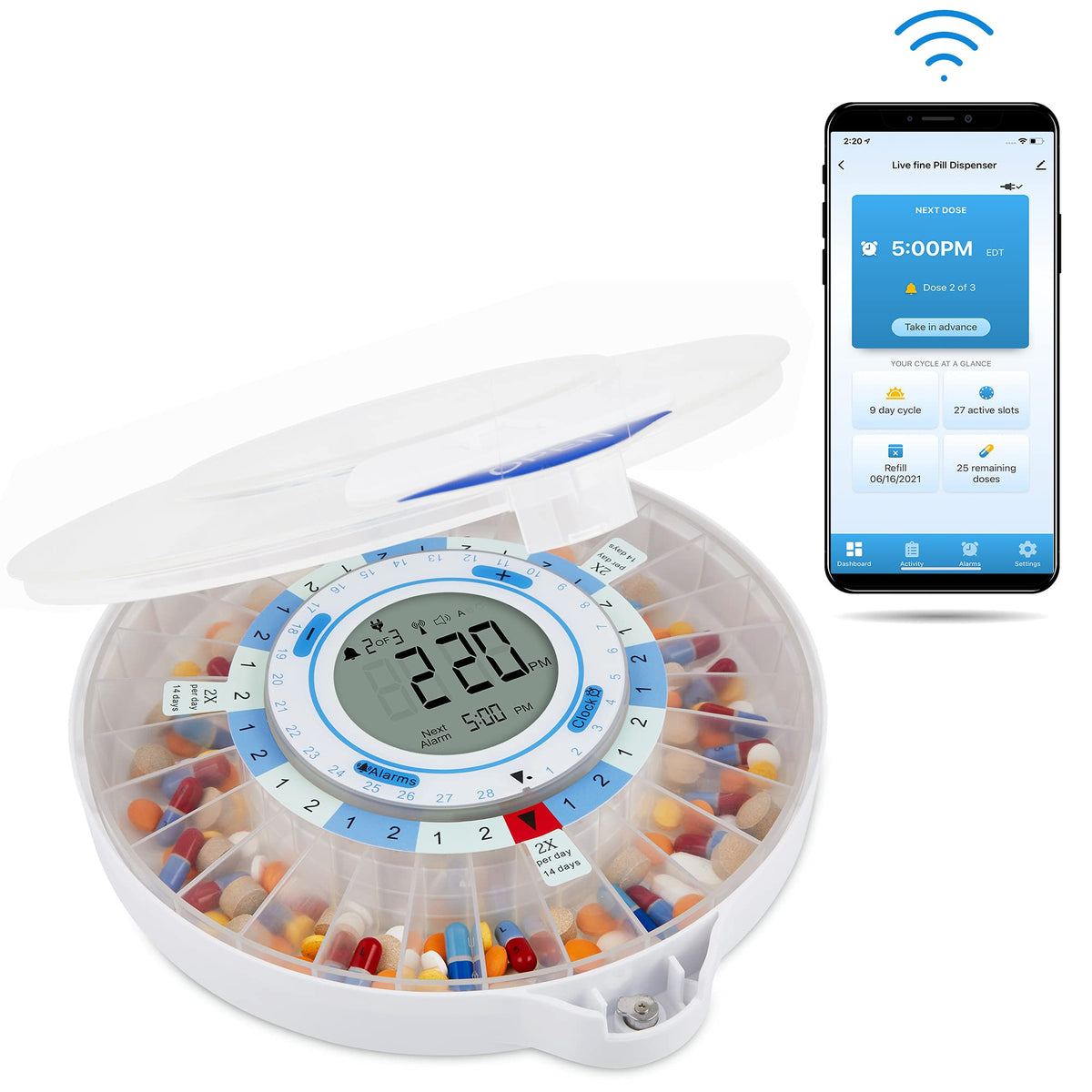 Live Fine distributeur pilules intelligent wifi: organisation aisée des médicaments à domicile.