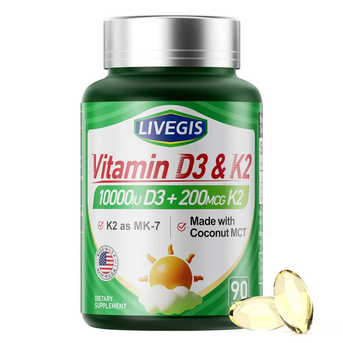 LIVEGIS Vitamine D3 K2 gélules près de la bouteille, soutien quotidien à l’absorption du calcium.