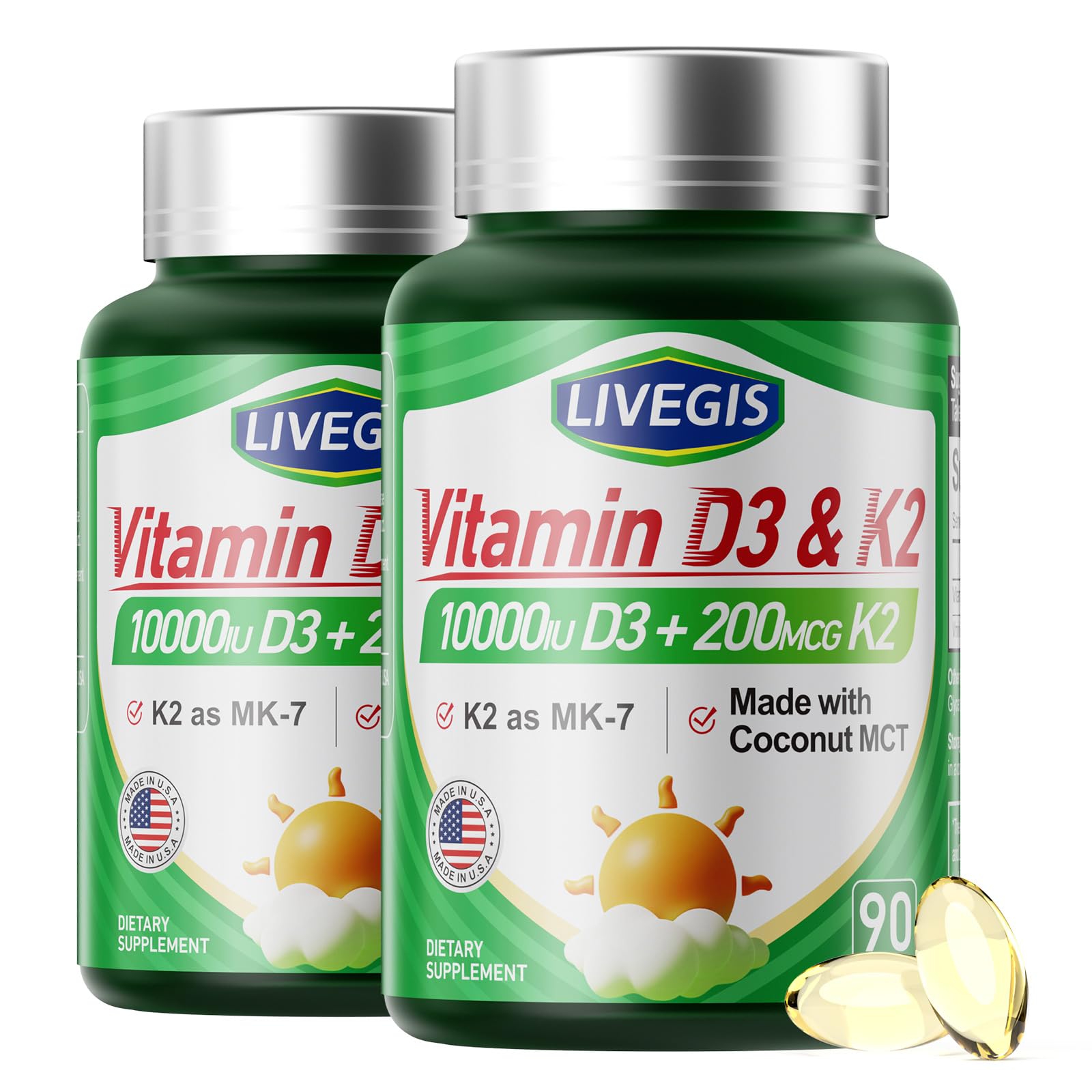 LIVEGIS Vitamine D3 K2, flacon softgels, soutien potentiel des os et dentition.