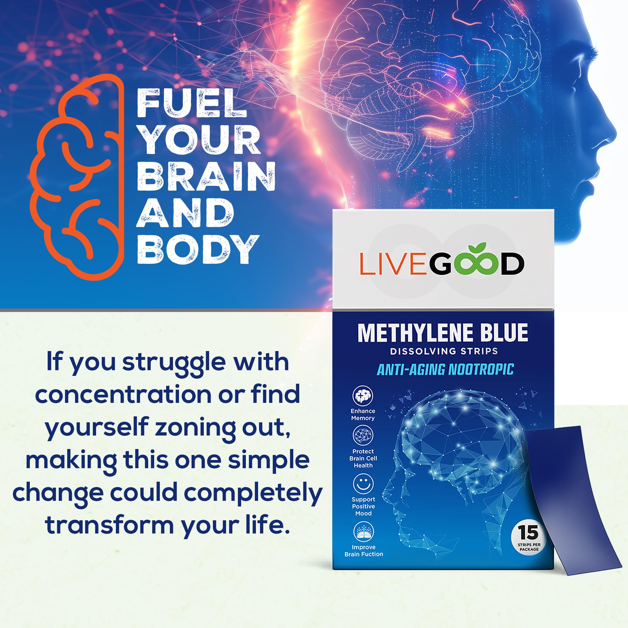 LIVEGOOD Bandelettes Sublinguales en dissolution rapide, absorption rapide et clarté cognitive.