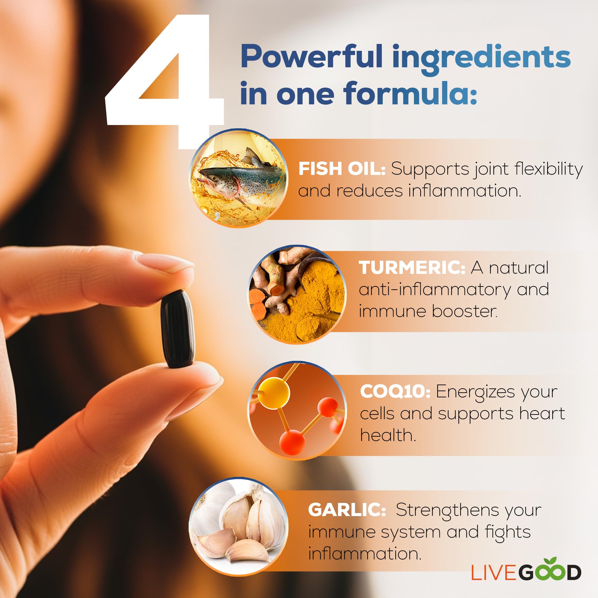 LIVEGOOD Factor 4 — Composition omega-3 et CoQ10-curcuma pour un soutien global.