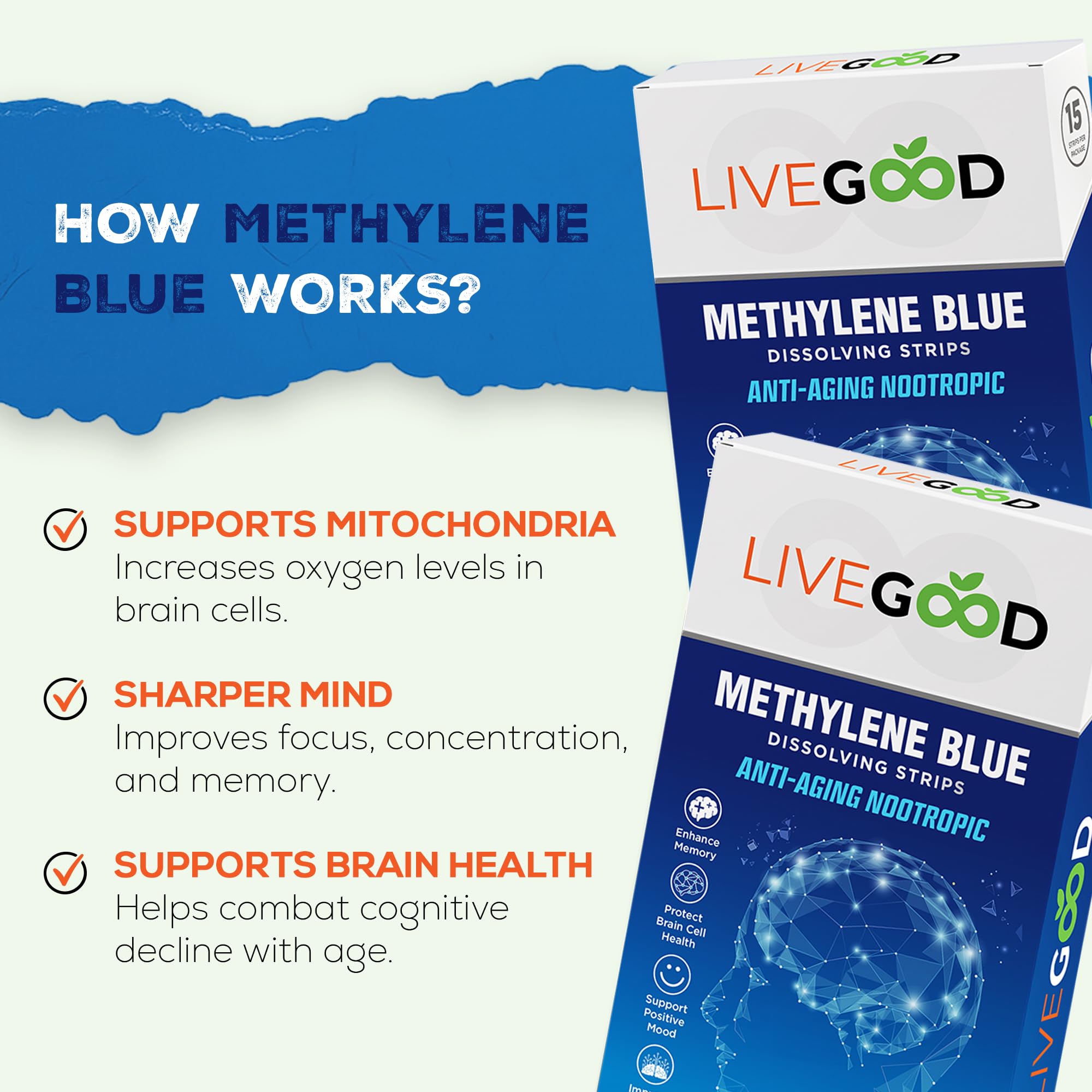 LIVEGOOD Langue bleue temporaire, signe d’absorption du méthylène bleu.