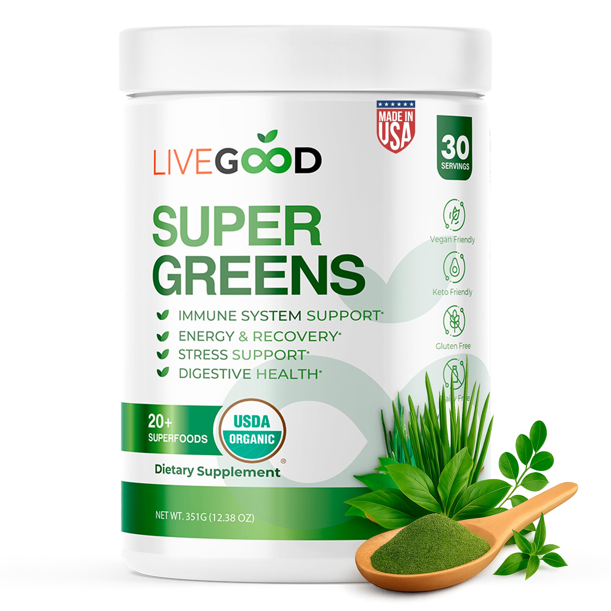 LIVEGOOD Super Greens poudre avec cuillère-dose idéale pour une dose rapide.