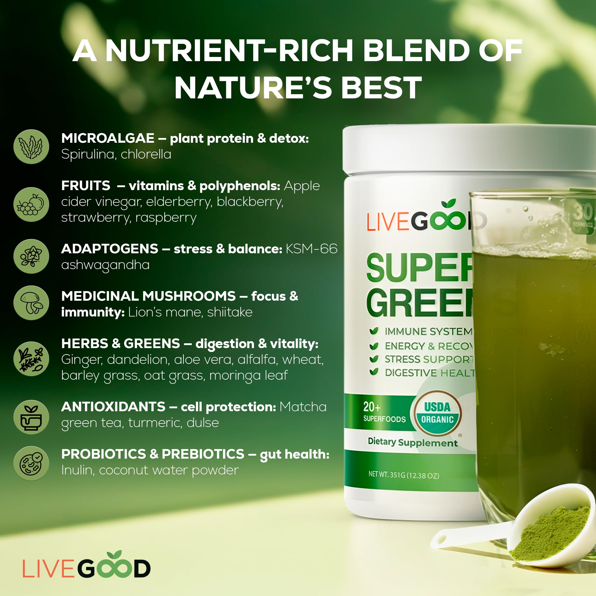 LIVEGOOD Super Greens mélange feuilles vertes et spiruline pour un apport nutritif.