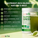 LIVEGOOD Super Greens mélange feuilles vertes et spiruline pour un apport nutritif.