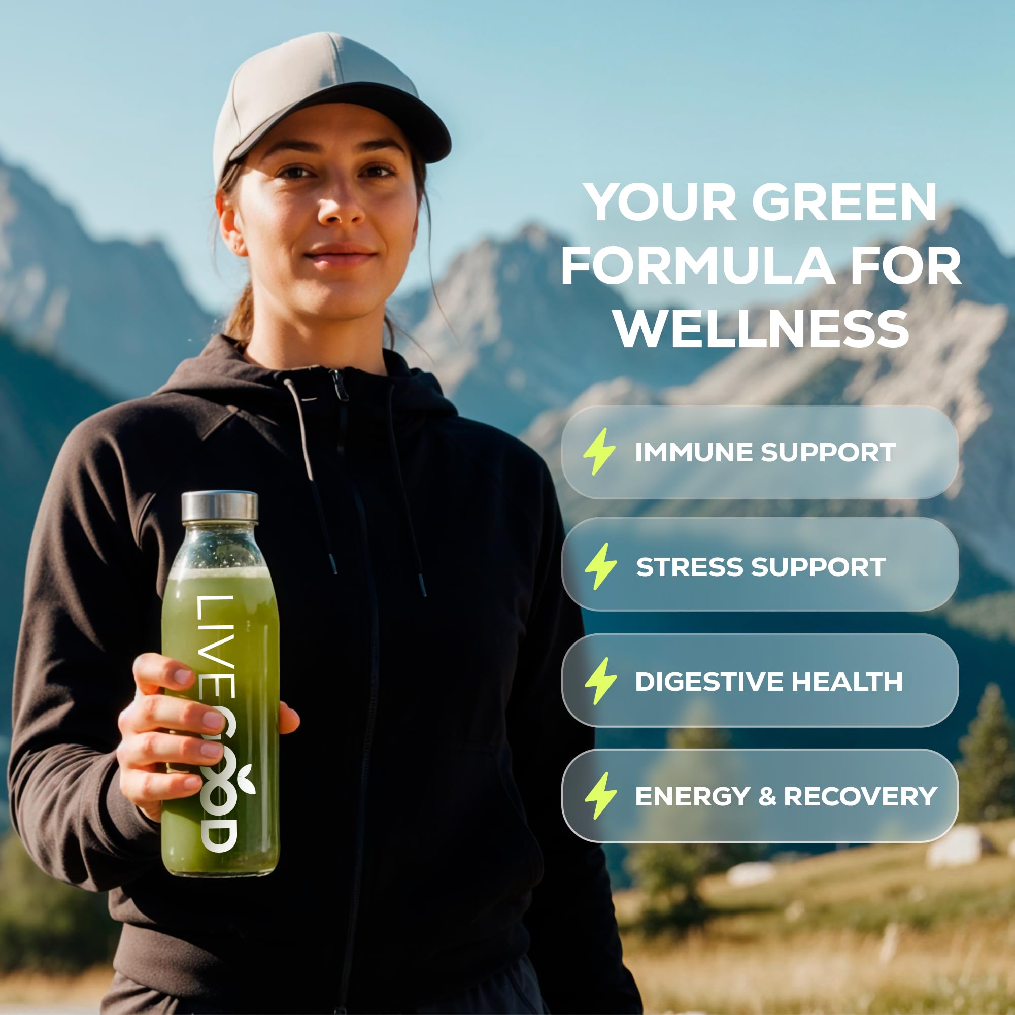 LIVEGOOD Super Greens mélange d'ingrédients végétaux pour detox léger.
