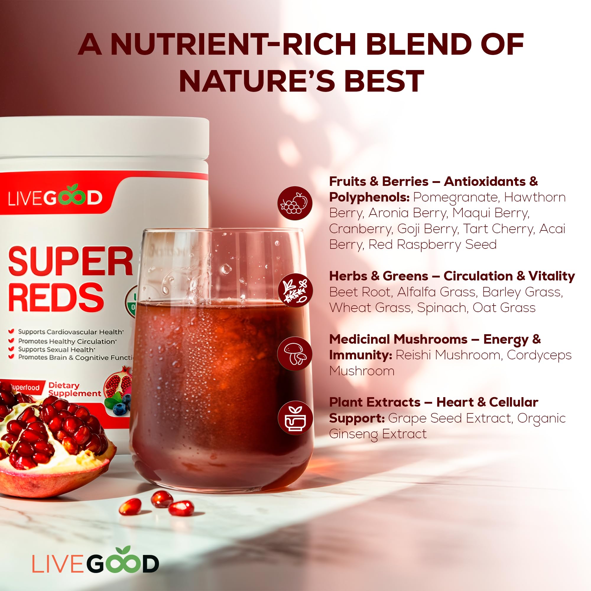 LiveGood Super Reds – emballage recyclable et traçabilité transparente pour la qualité.