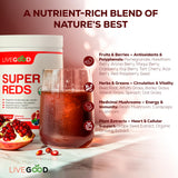 LiveGood Super Reds – emballage recyclable et traçabilité transparente pour la qualité.