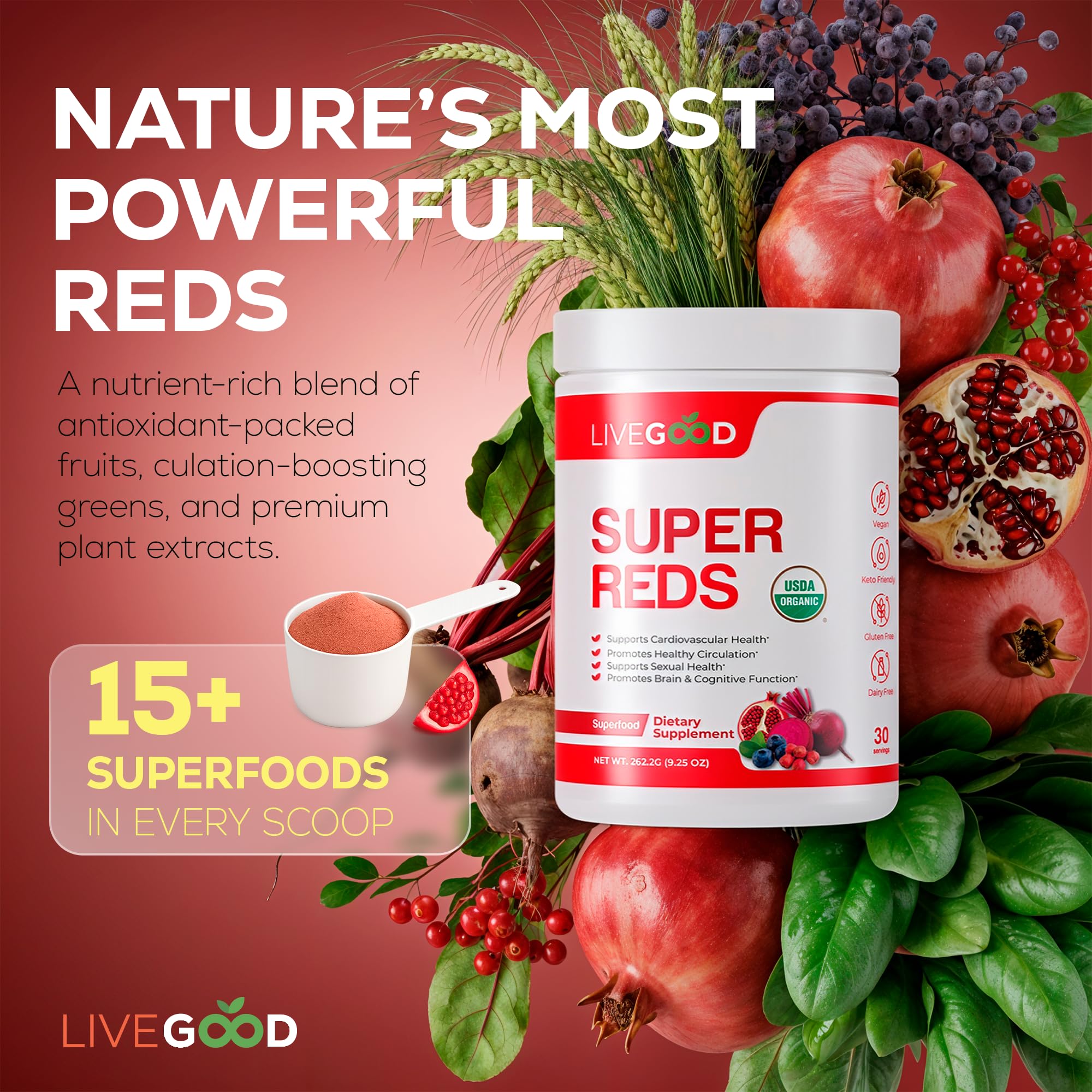 LiveGood Super Reds – mélange-eau, saveur fruitée et antioxydants pour le quotidien.