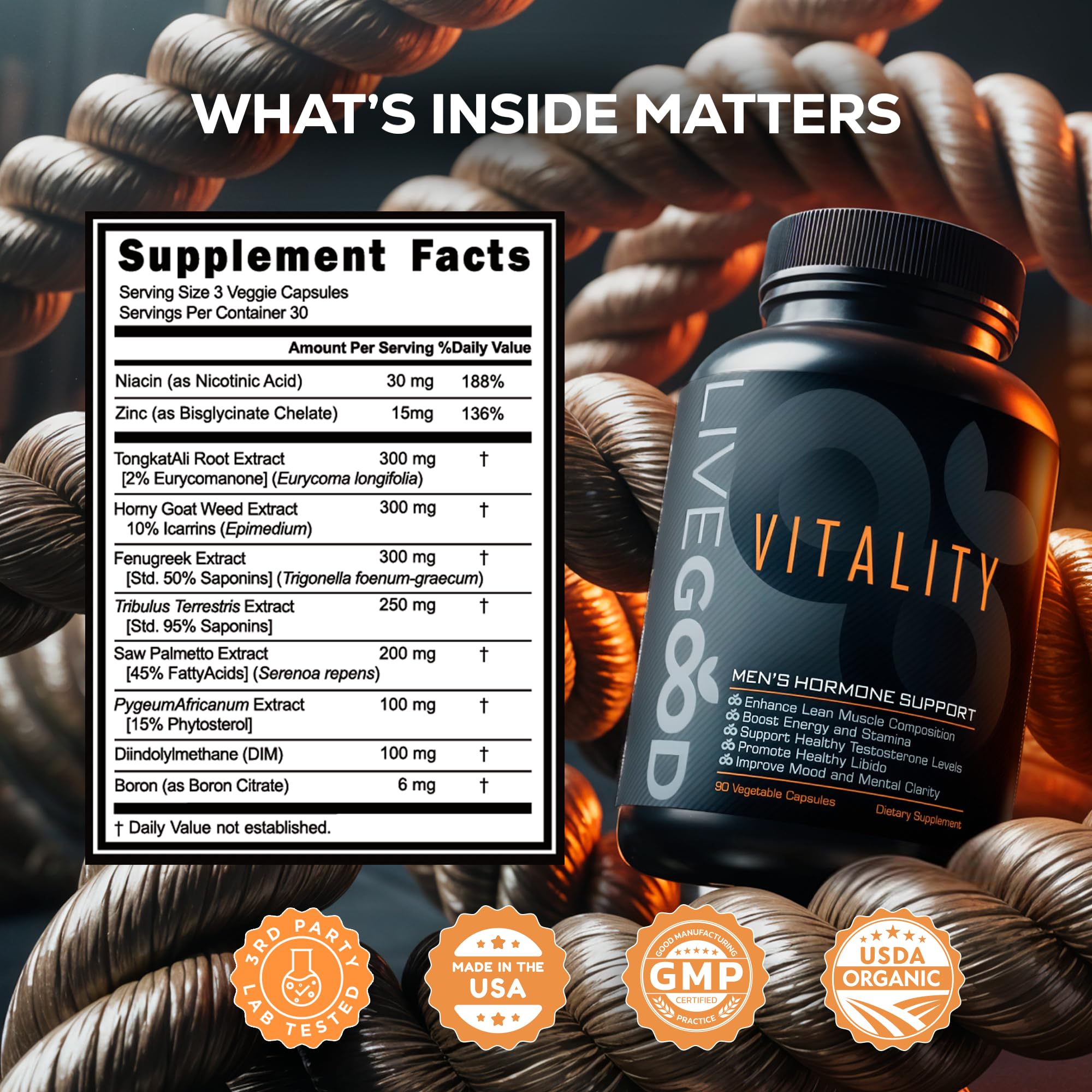 Ingrédients naturels LIVEGOOD Vitalité Hommes pour un soutien quotidien.