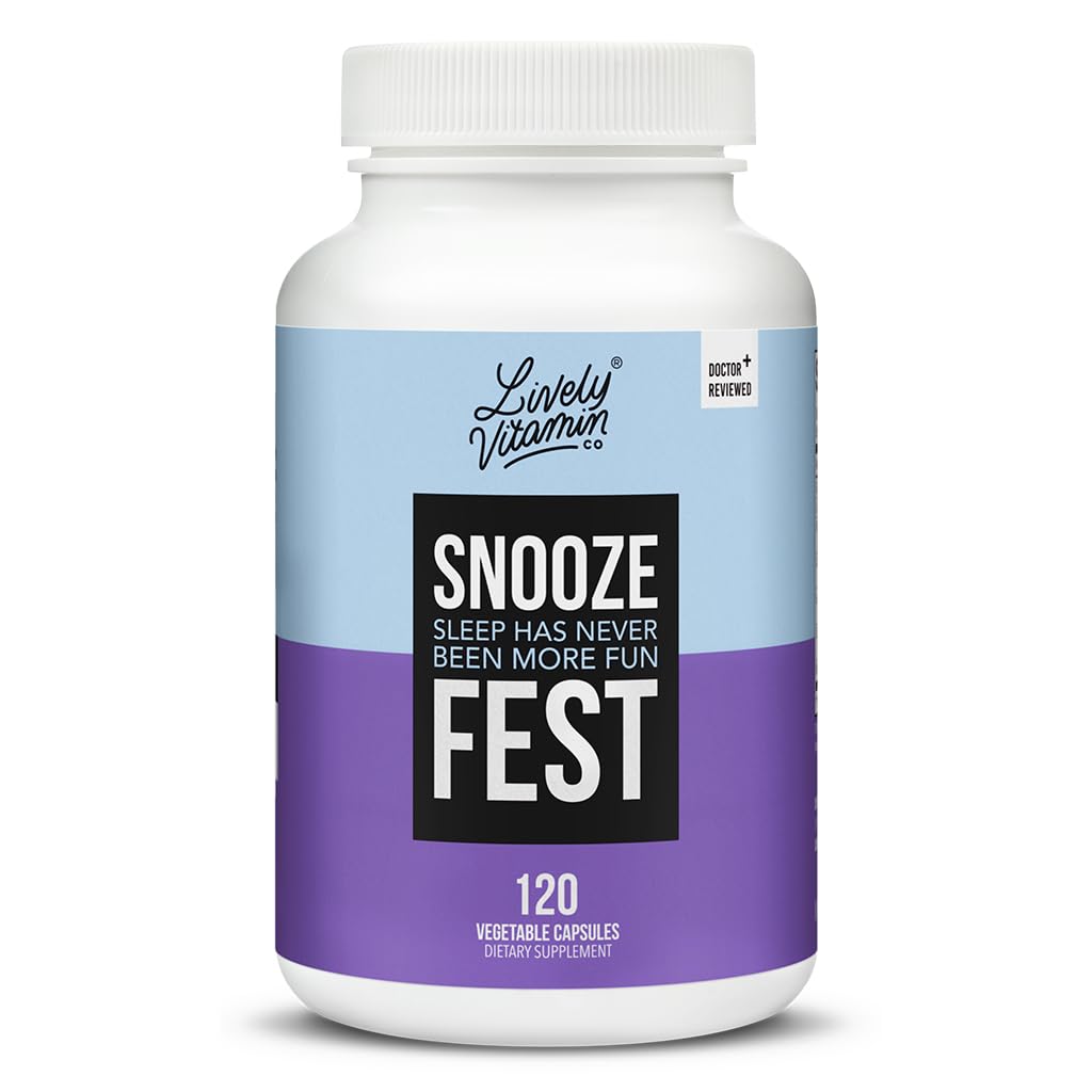 Bouteille Snooze Fest LIVELY VITAMIN CO sur table de nuit, sommeil réparateur possible.