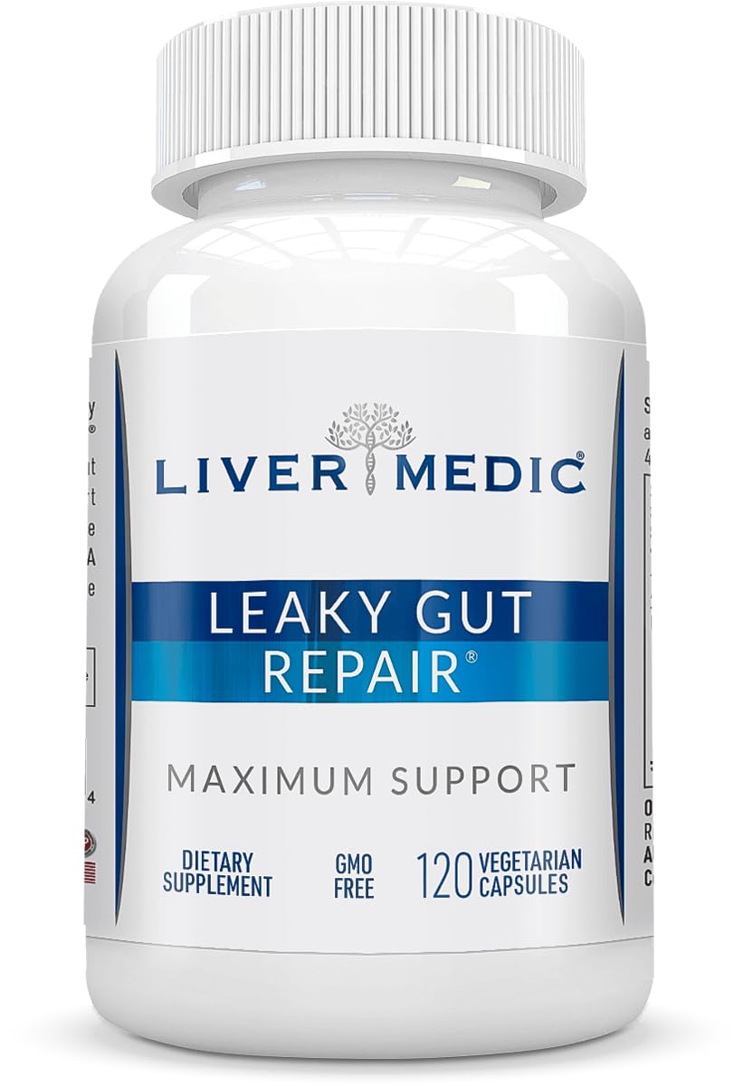 Liver Medic Leaky Gut Repair – bouteille avec étiquette, soutien digestif potentiel.