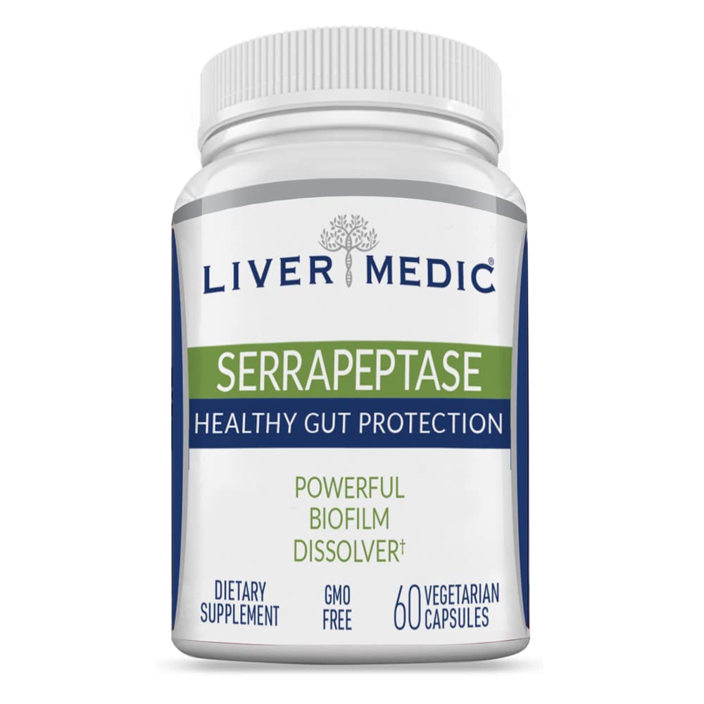 Liver Medic Serrapeptase Pure – bouteille et capsules, soutien digestif naturel.