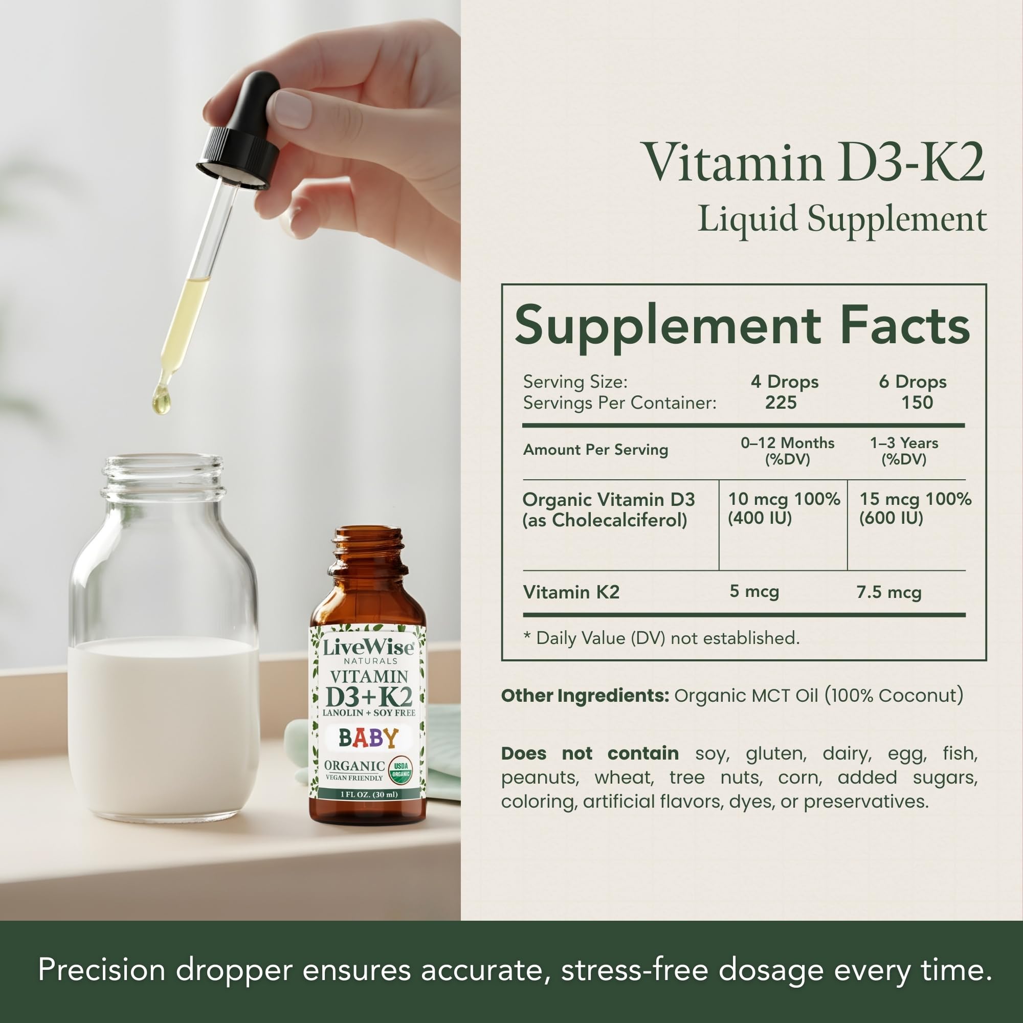 Gouttes Live Wise Naturals D3+K2 avec pipette précise pour dosage facile