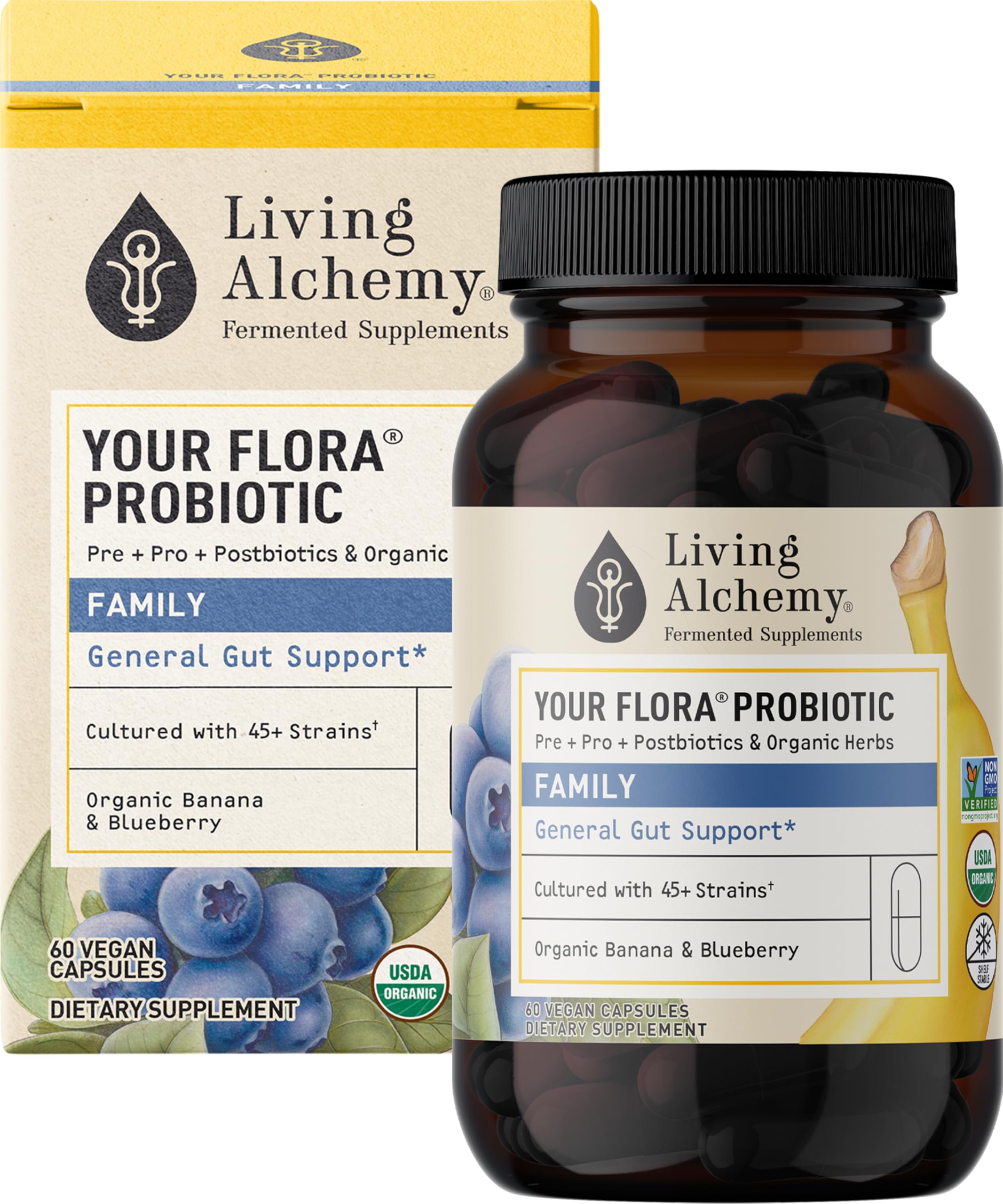 Living Alchemy Your Flora Probiotic Family – bouteille et étiquette visibles, soutien digestif quotidien