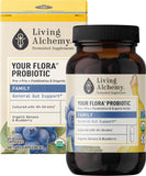Living Alchemy Your Flora Probiotic Family – bouteille et étiquette visibles, soutien digestif quotidien