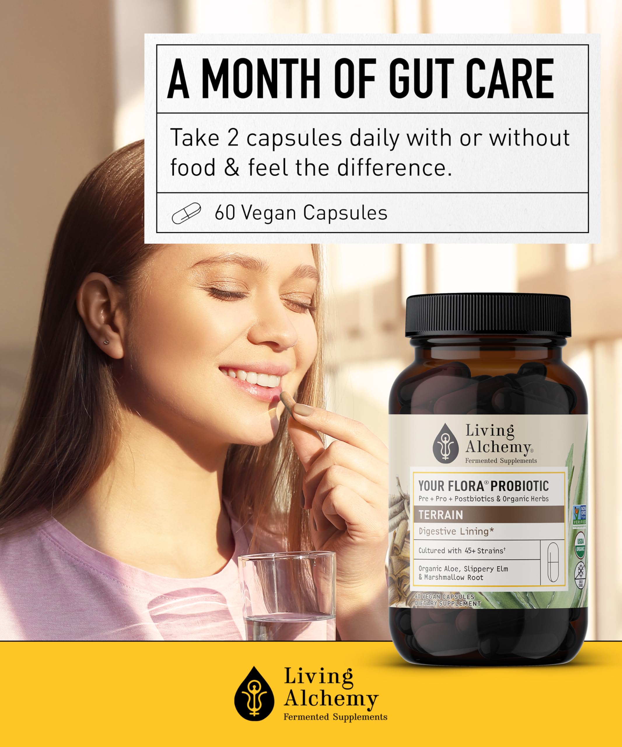 Living Alchemy Your Flora Terrain – gros plan sur capsules, pratique et dosages simples.