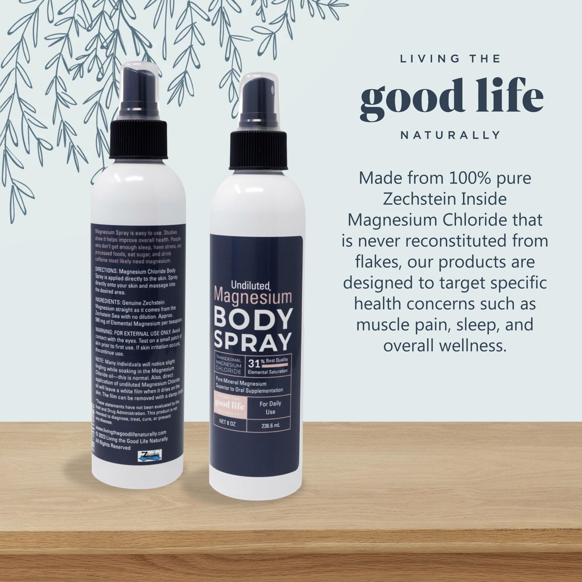 Living the Good Life Naturel magnésium spray sur jambes et corps pour détente musculaire
