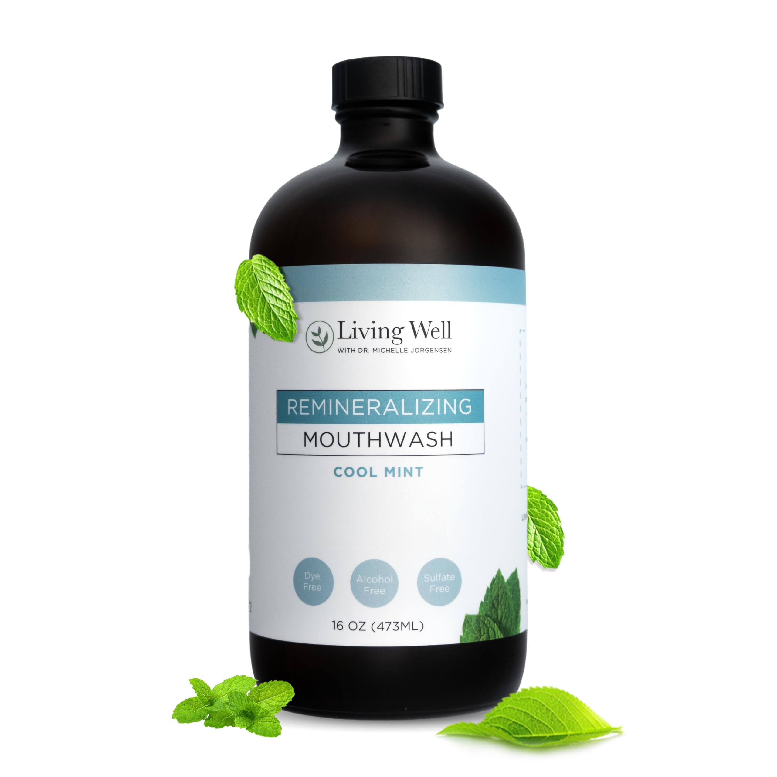 Living Well with Dr. Michelle – flacon rinçage menthe fraîche pour haleine durable.