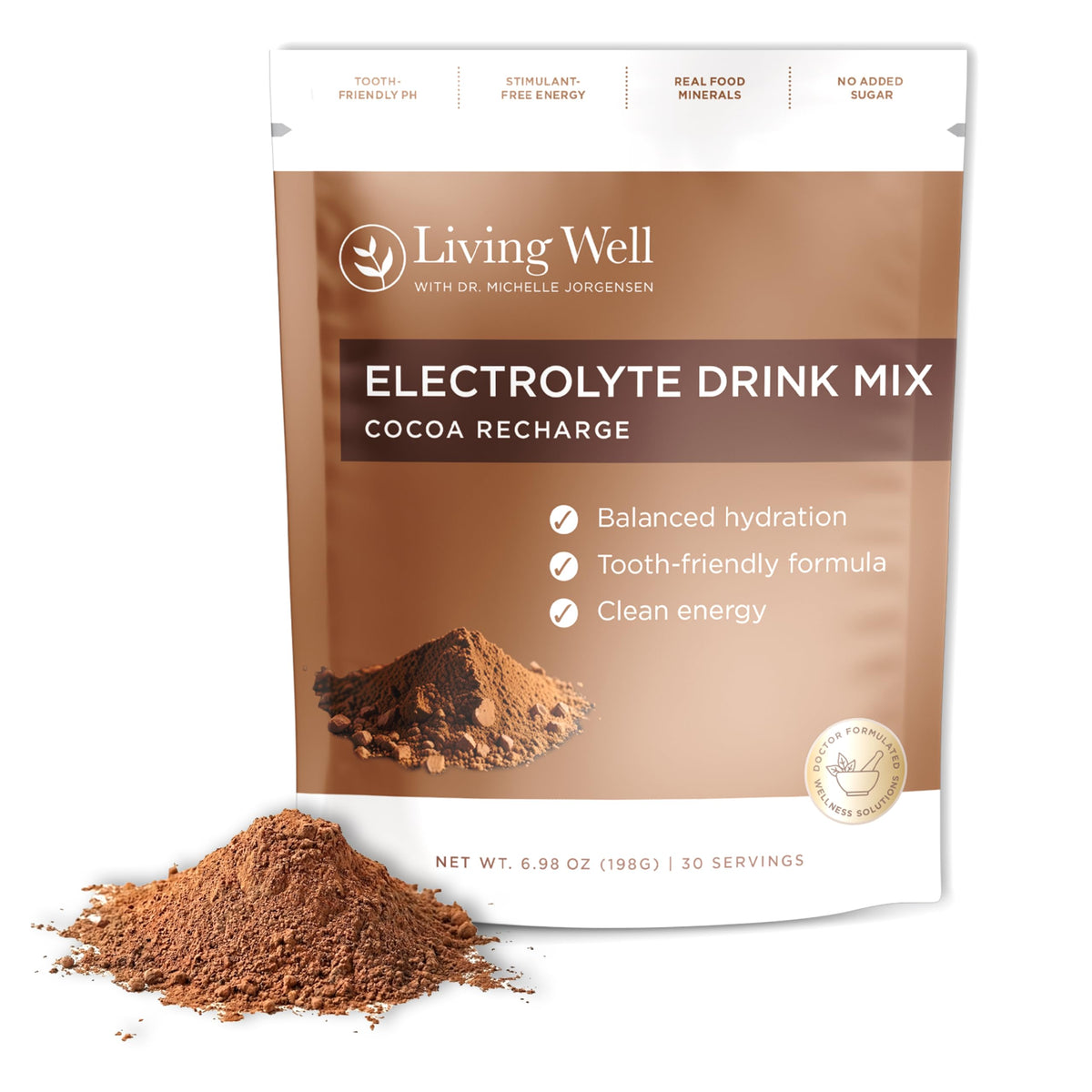 Poudre électrolyte chocolat Living Well with Dr. Michelle prête à verser pour une hydratation équilibrée.
