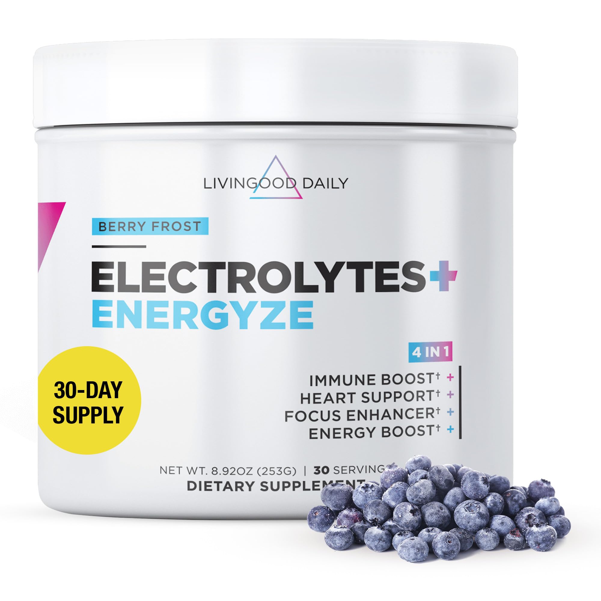Livingood Daily Électrolytes Berry Frost dans un verre pour une hydratation rafraîchissante.