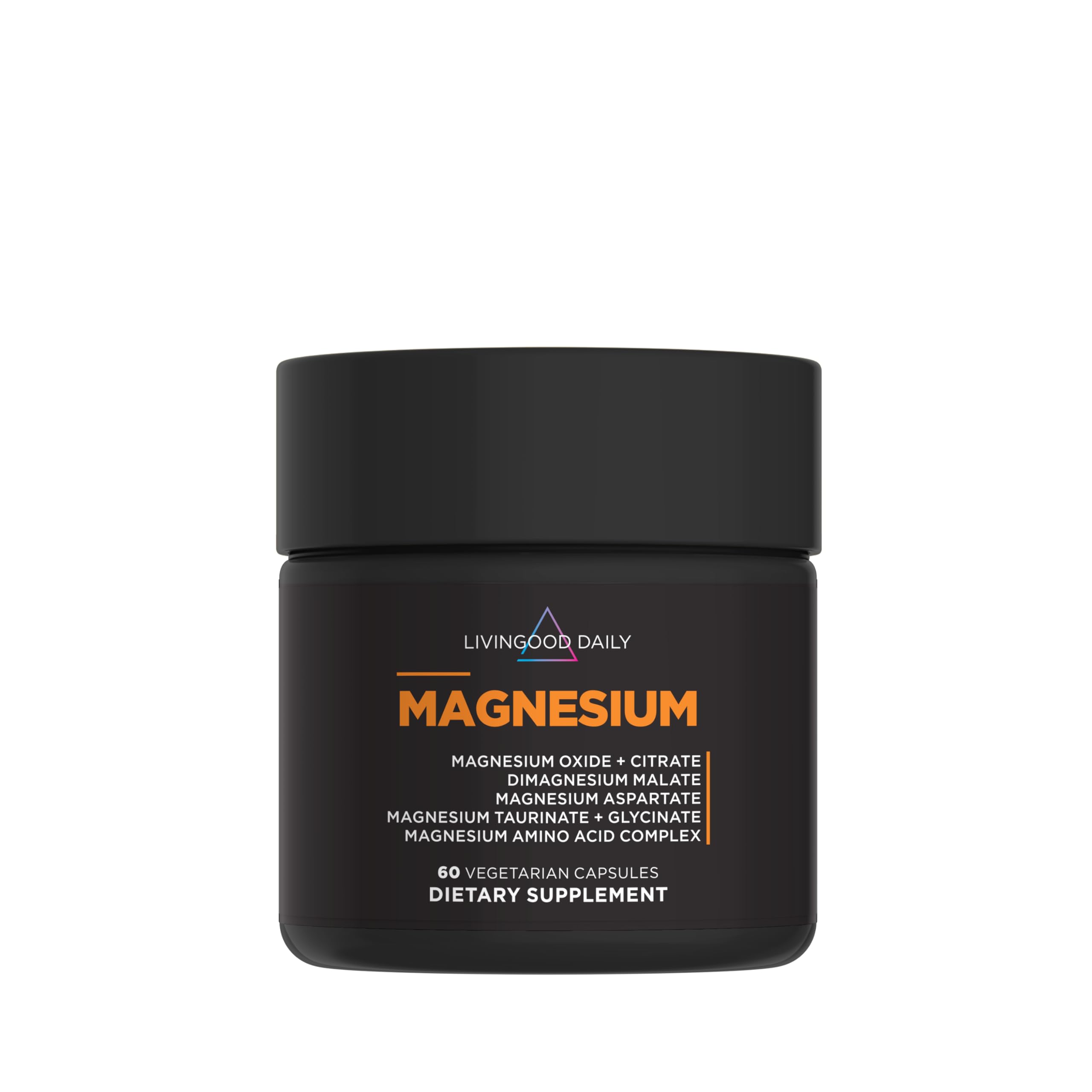 Livingood Daily Magnésium: capsules montrant les 7 formes pour soutien musculaire.