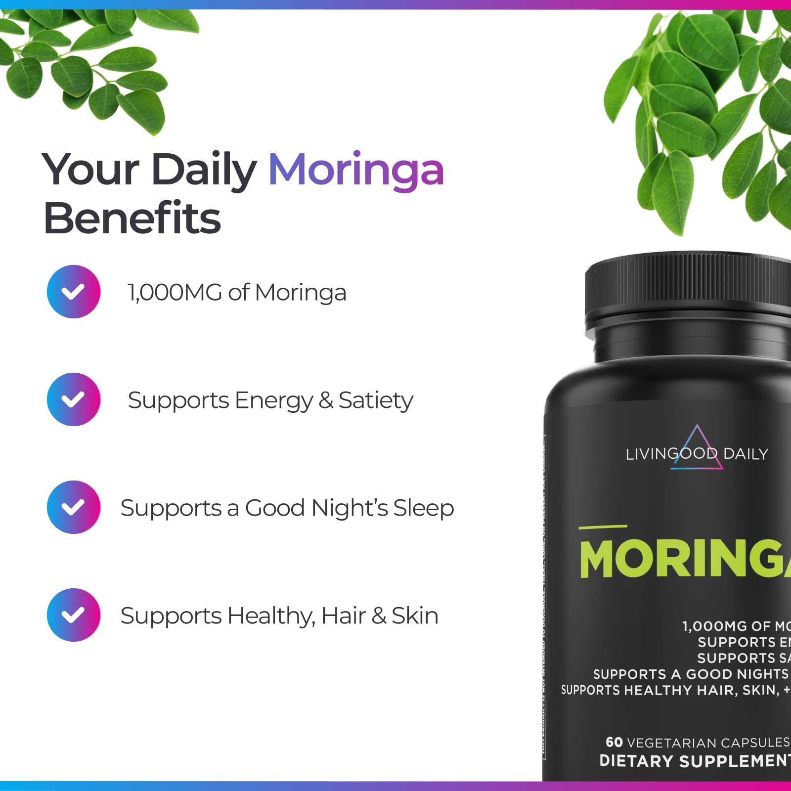 Étiquette claire Livingood Daily Moringa, sans allergènes majeurs.