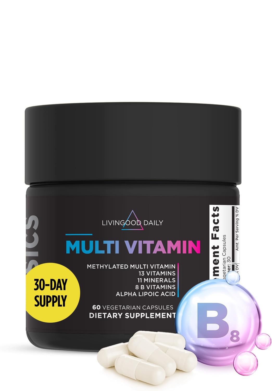 Livingood Daily multivitamine: bouteille montrant l'étiquette; soutien nutritionnel quotidien et énergie.