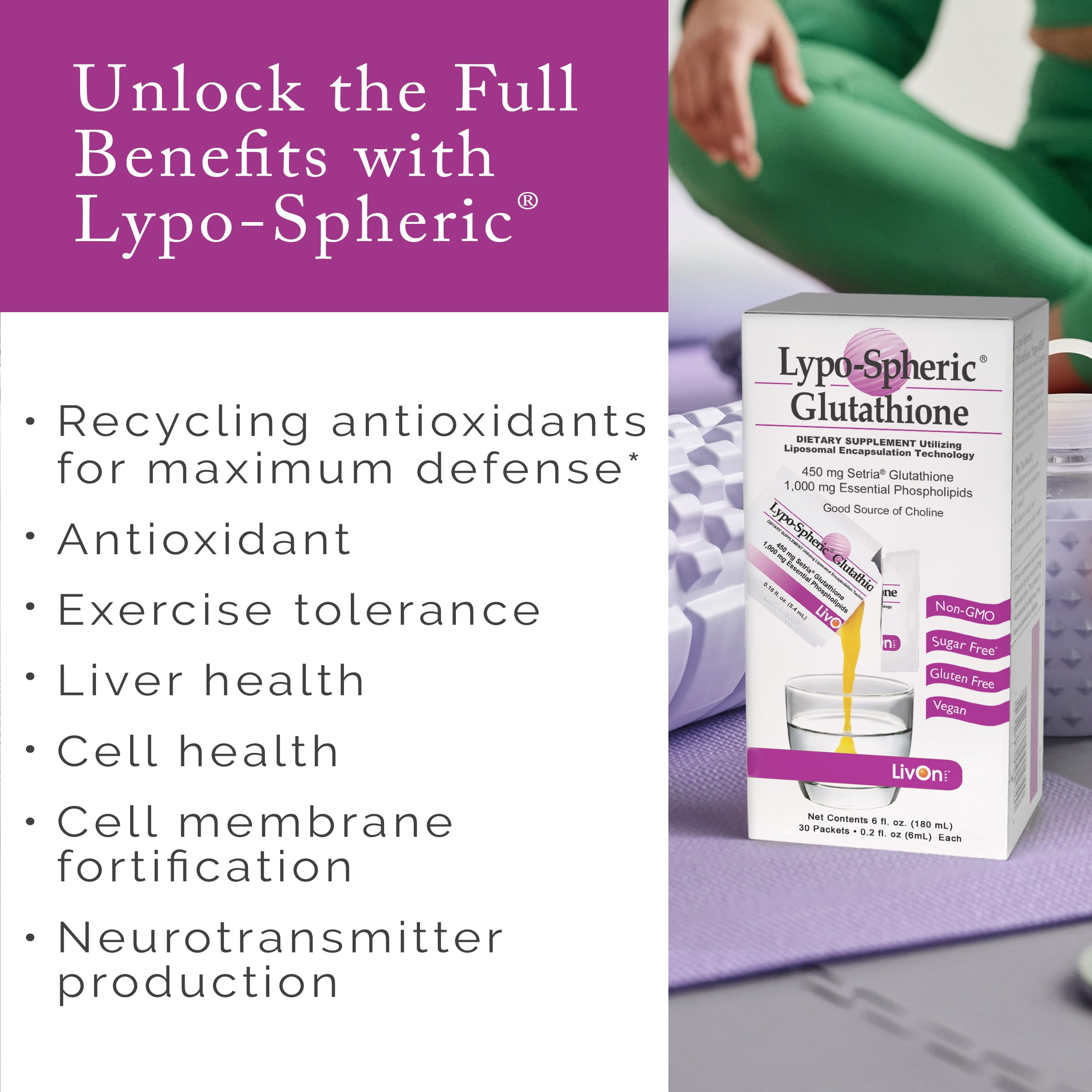LivOn Laboratories Glutathione liposomal sachet ouvert, dose prête à mélanger.